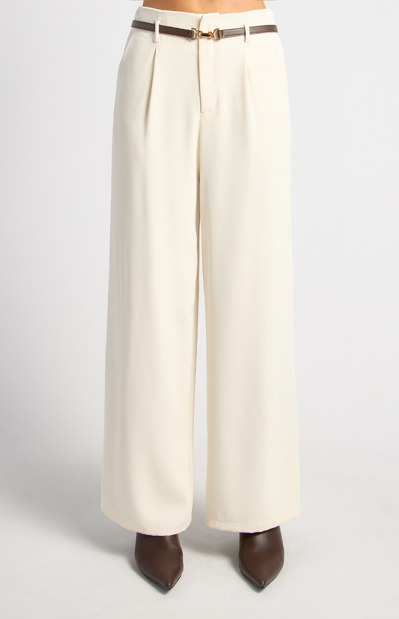 Wide Leg Pants With Faux Leather Belt Detail (WPA353B)