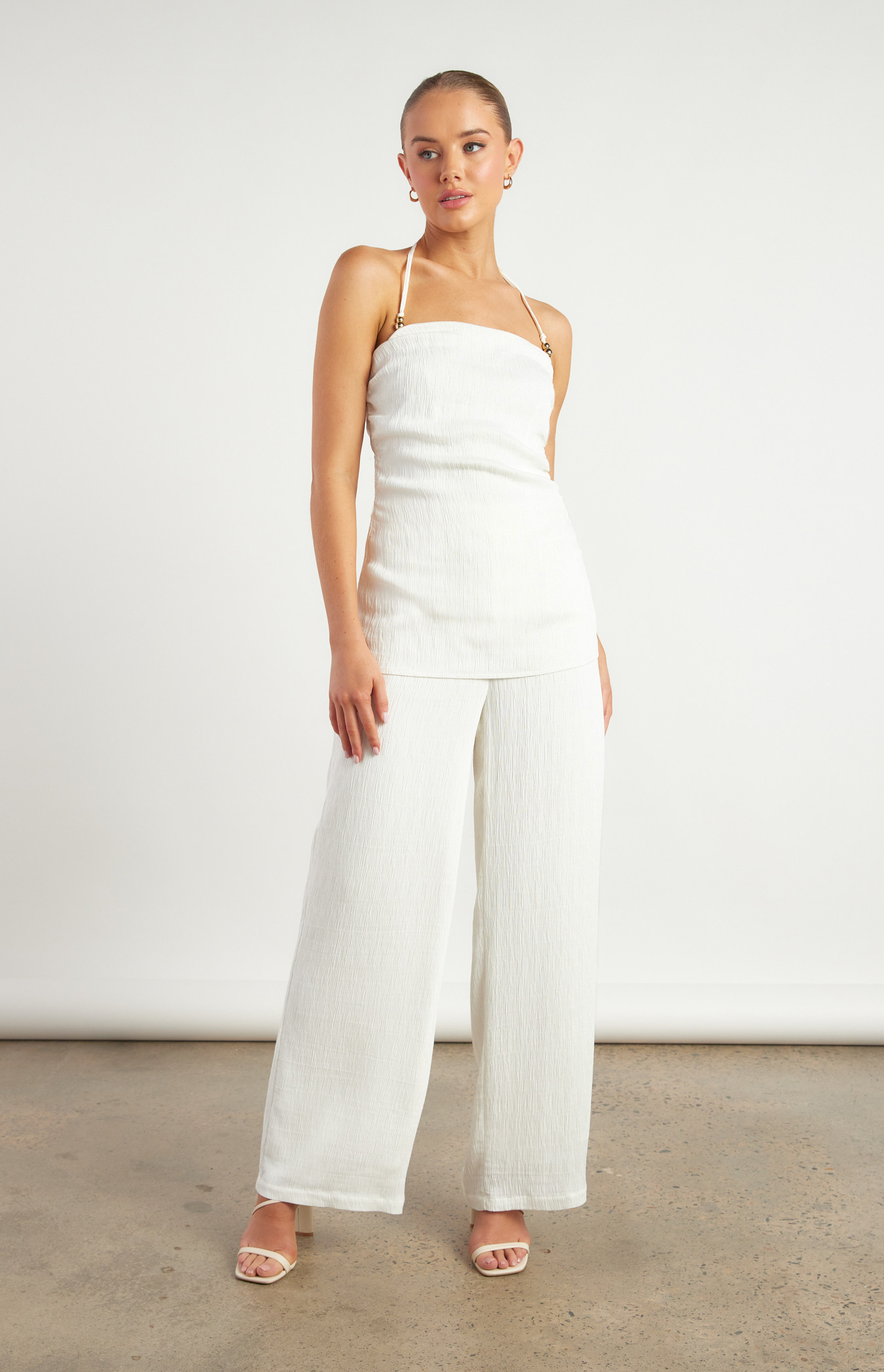 Gold Beaded Detail Textured Set with Halter Top and Pants (WSE380B)