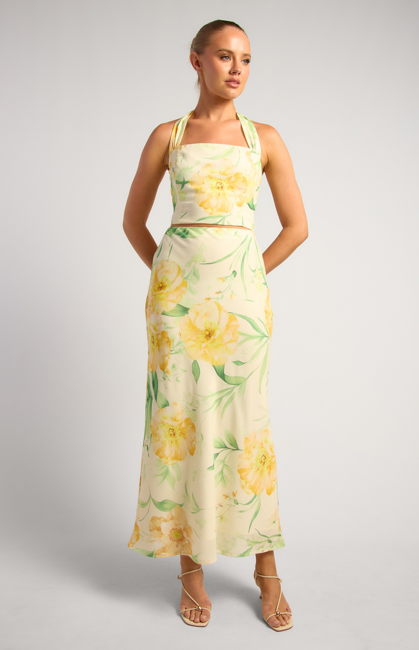 Faux Linen Floral Set With Halter Top And Maxi Skirt (WSE406B)