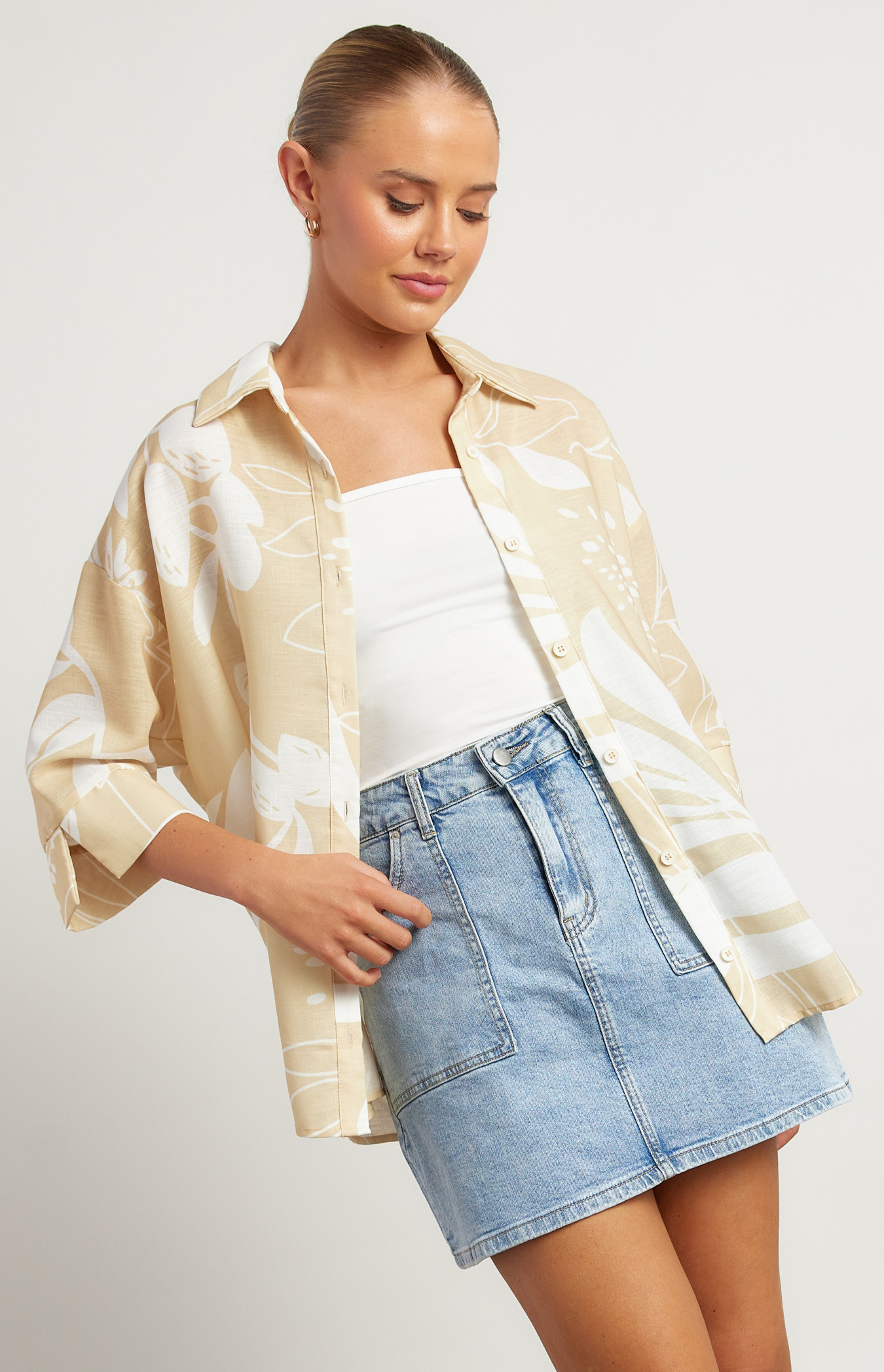 Faux Linen Abstract Printed Button Up Shirt (WTO536B)