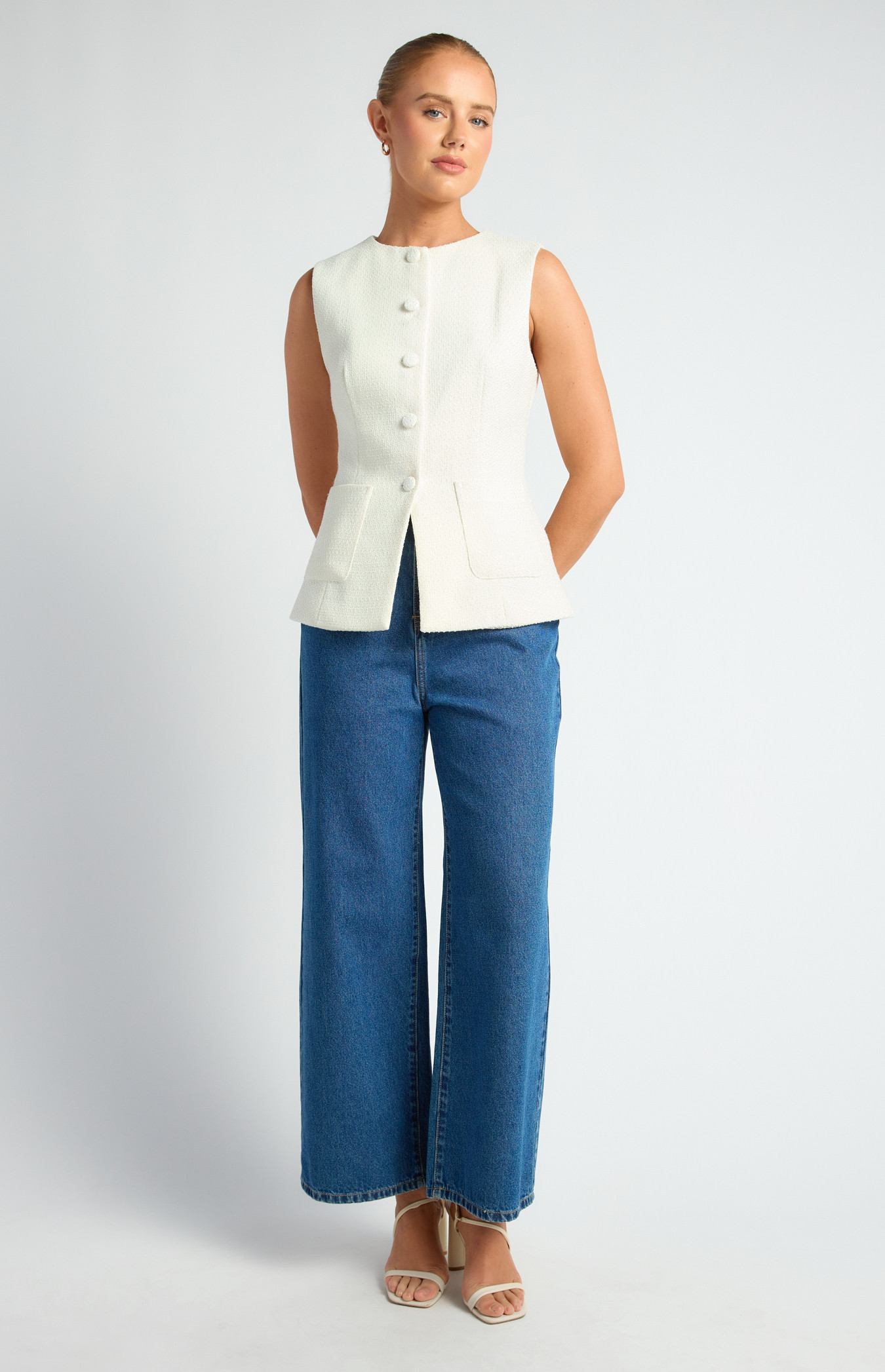 Tweed Vest with Self Fabric Buttons and Patch Pockets (WTO649B)