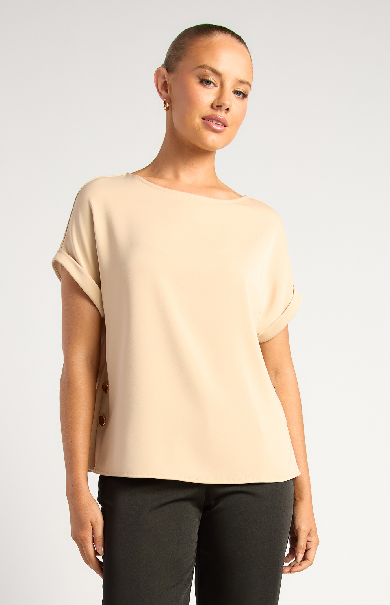 Side Split Gold Organic Button Detail Sateen Top (WTO761B)