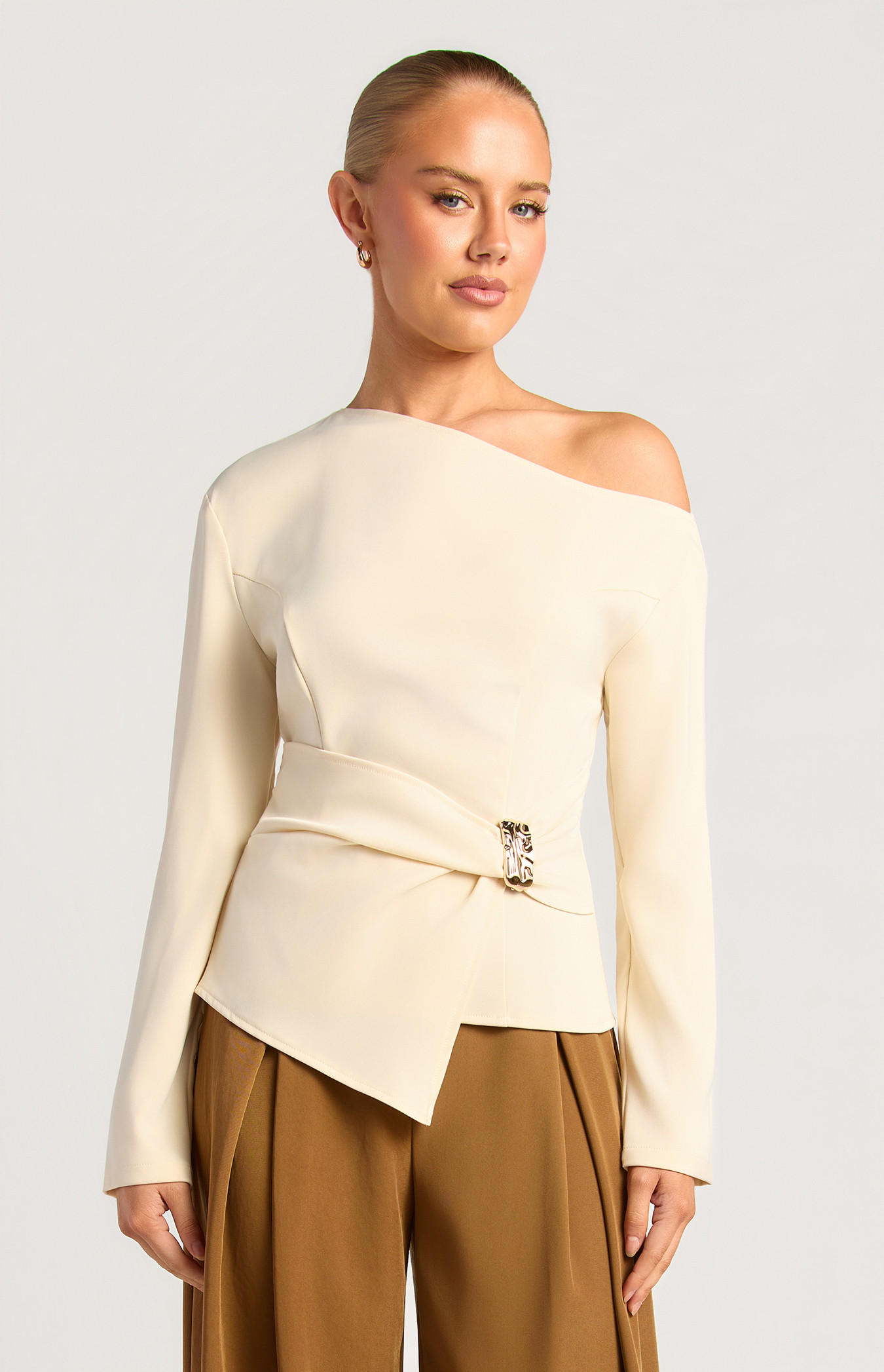 Asymmetric Neckline Long Sleeve Top With Front Panel And Gold Buckle Detail (WTO826B)