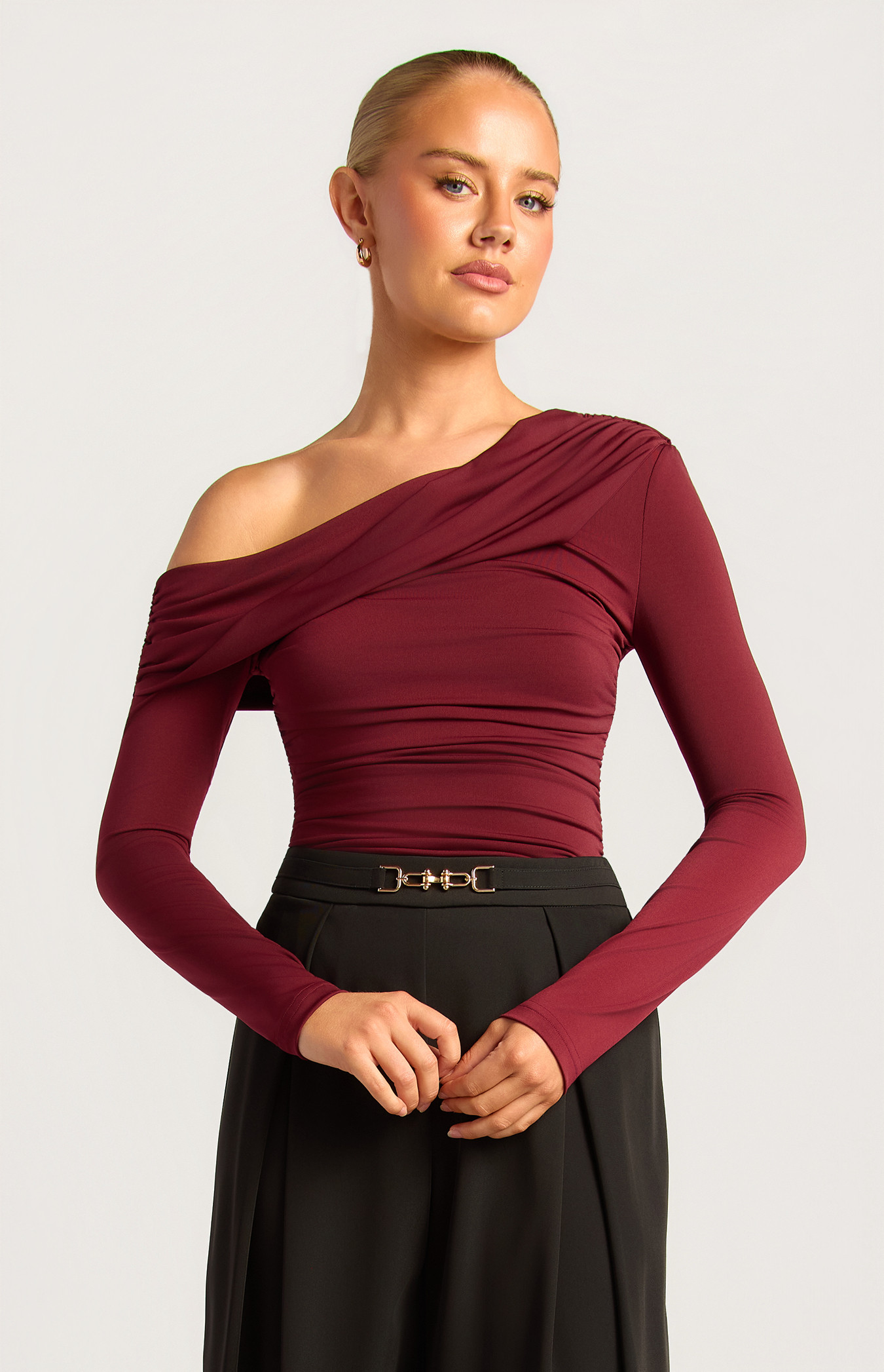 Asymmetric Shoulder Ruched Detail Jersey Top (WTO845B)