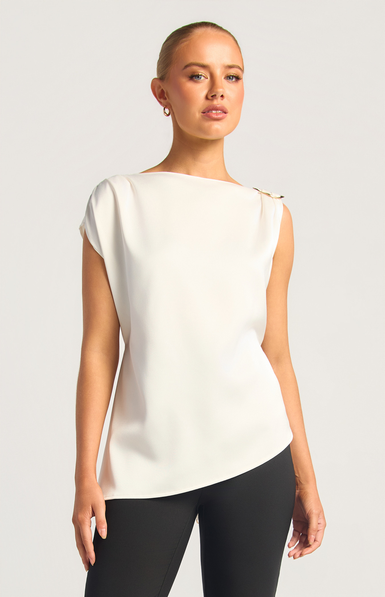 Shoulder Pleat Gold Buckle Detail Asymmetric Hem Top (WTO860B)