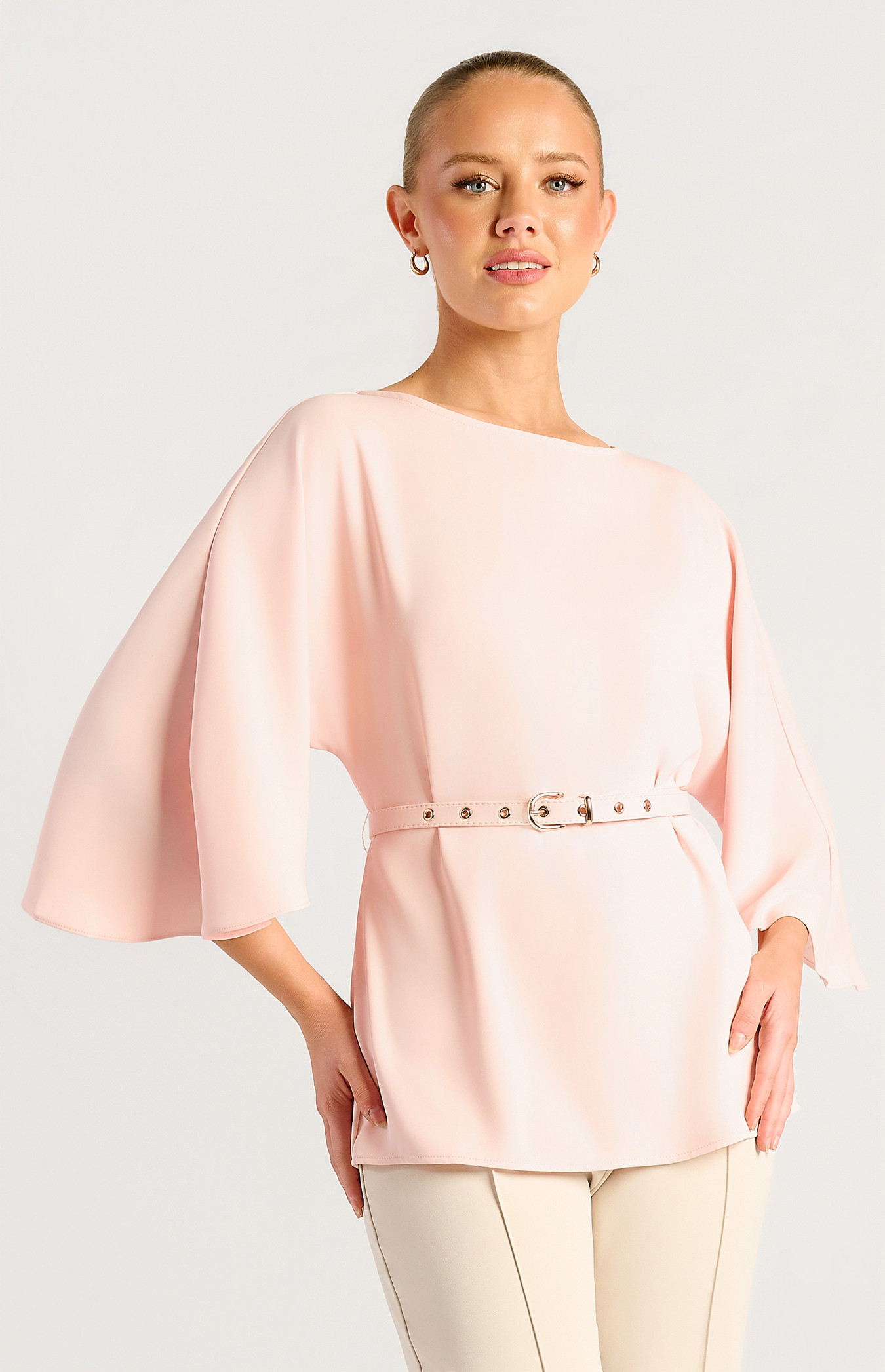 Cape Sleeves Boat Neckline Top With Belt Featured (WTO893B)