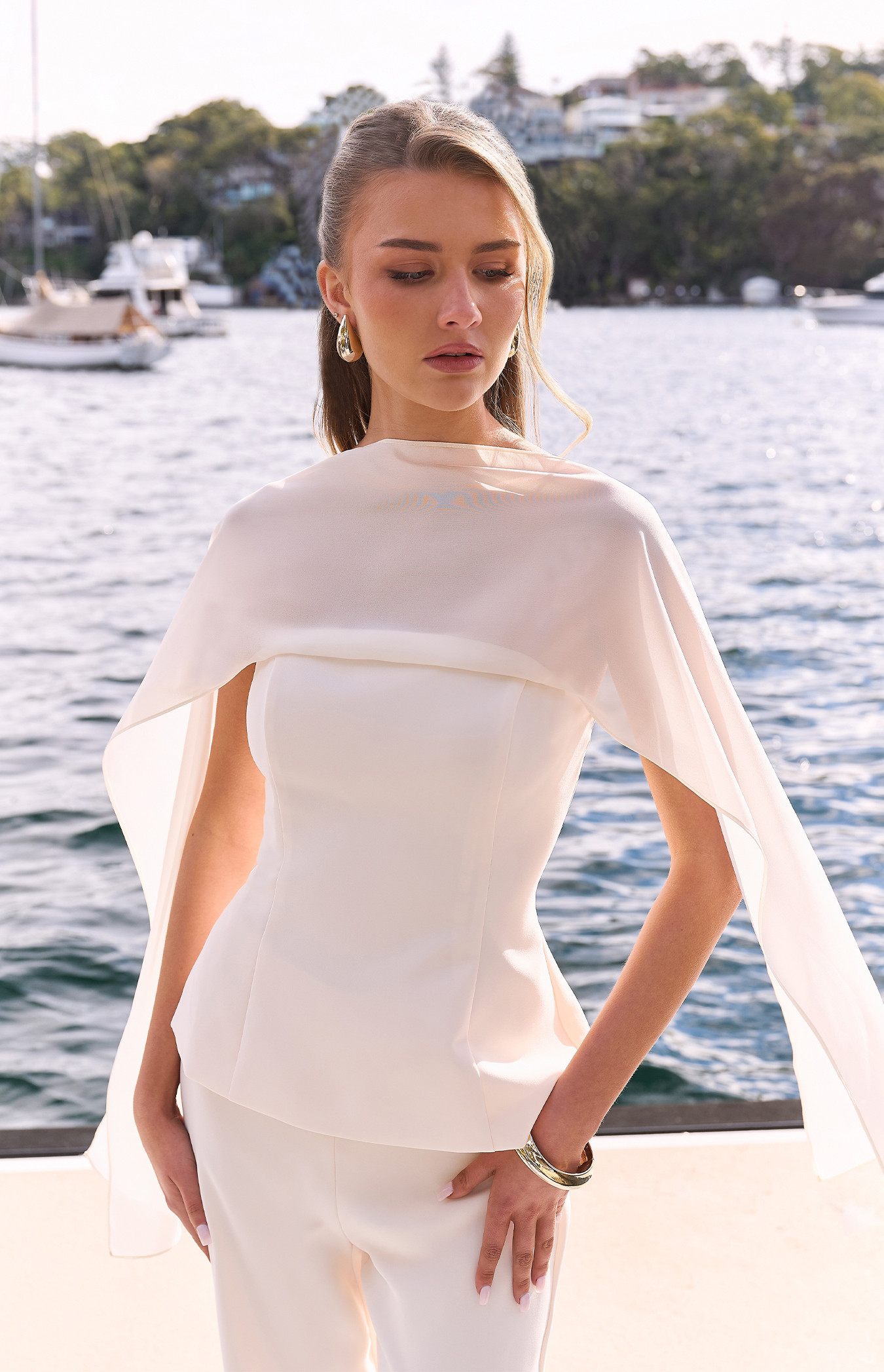 Draped Scarf Feature Peplum Top With Boning (WTO910B)
