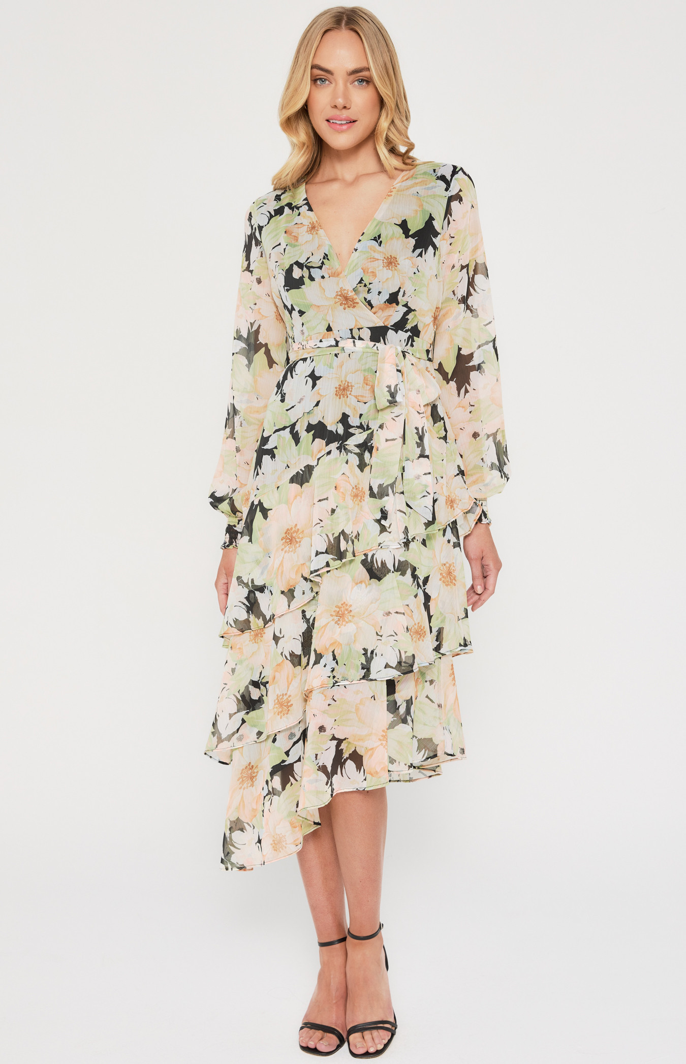 Floral Print Midi Dress with Tiered Asymmetric Hem (ADR1151-3A)