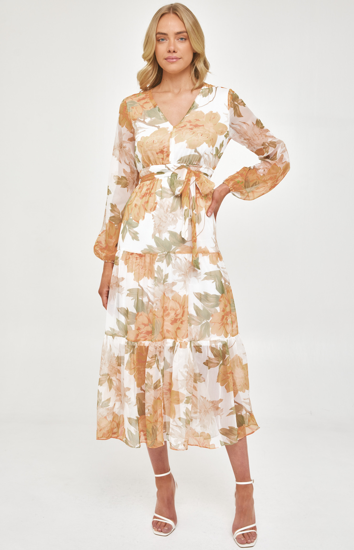 Floral Chiffon Maxi Dress with Tiered Hem (ADR1160B) 