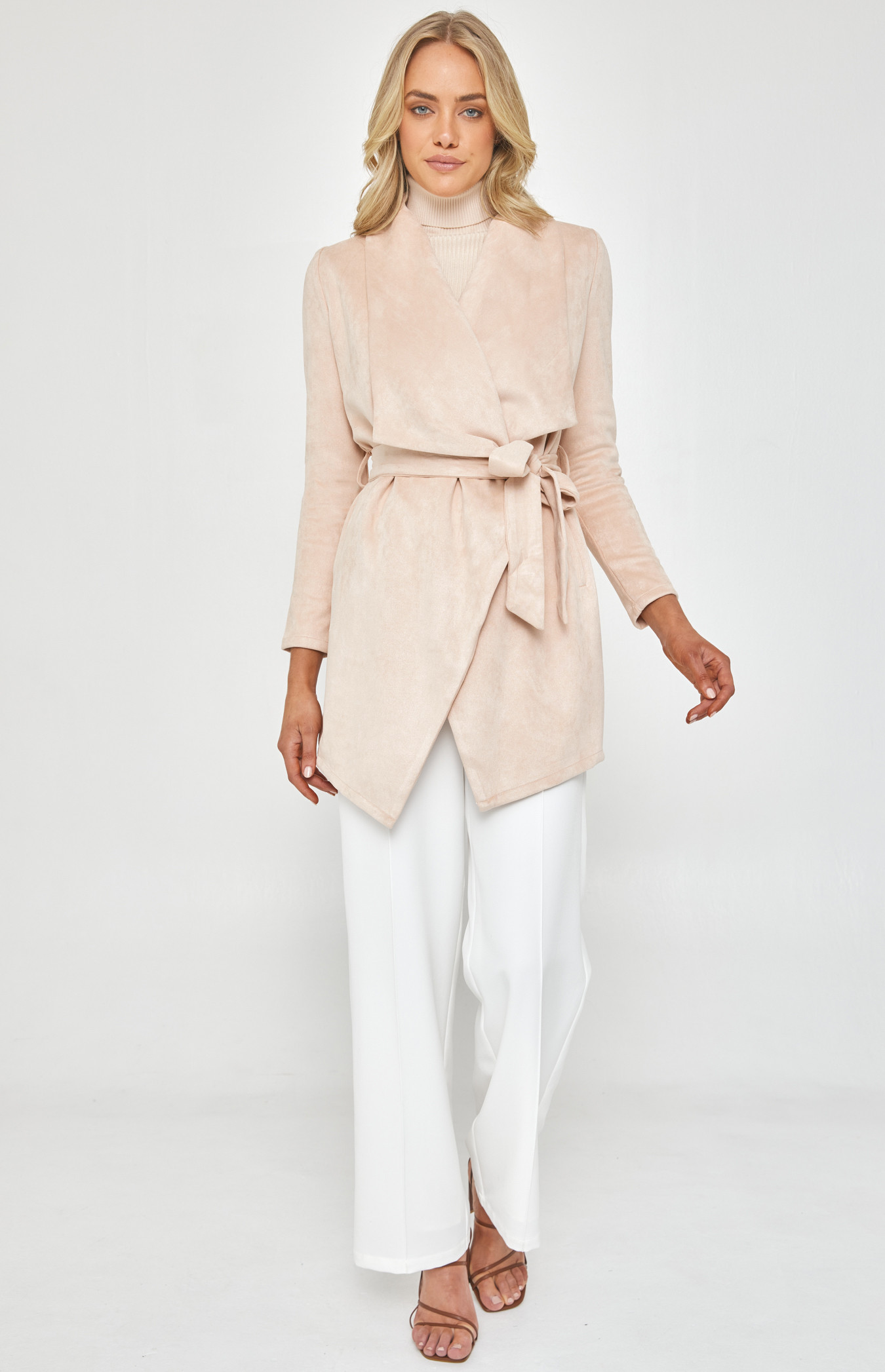 Stretch Suede Waterfall Collar Wrap Coat With Belt (AJT323A)