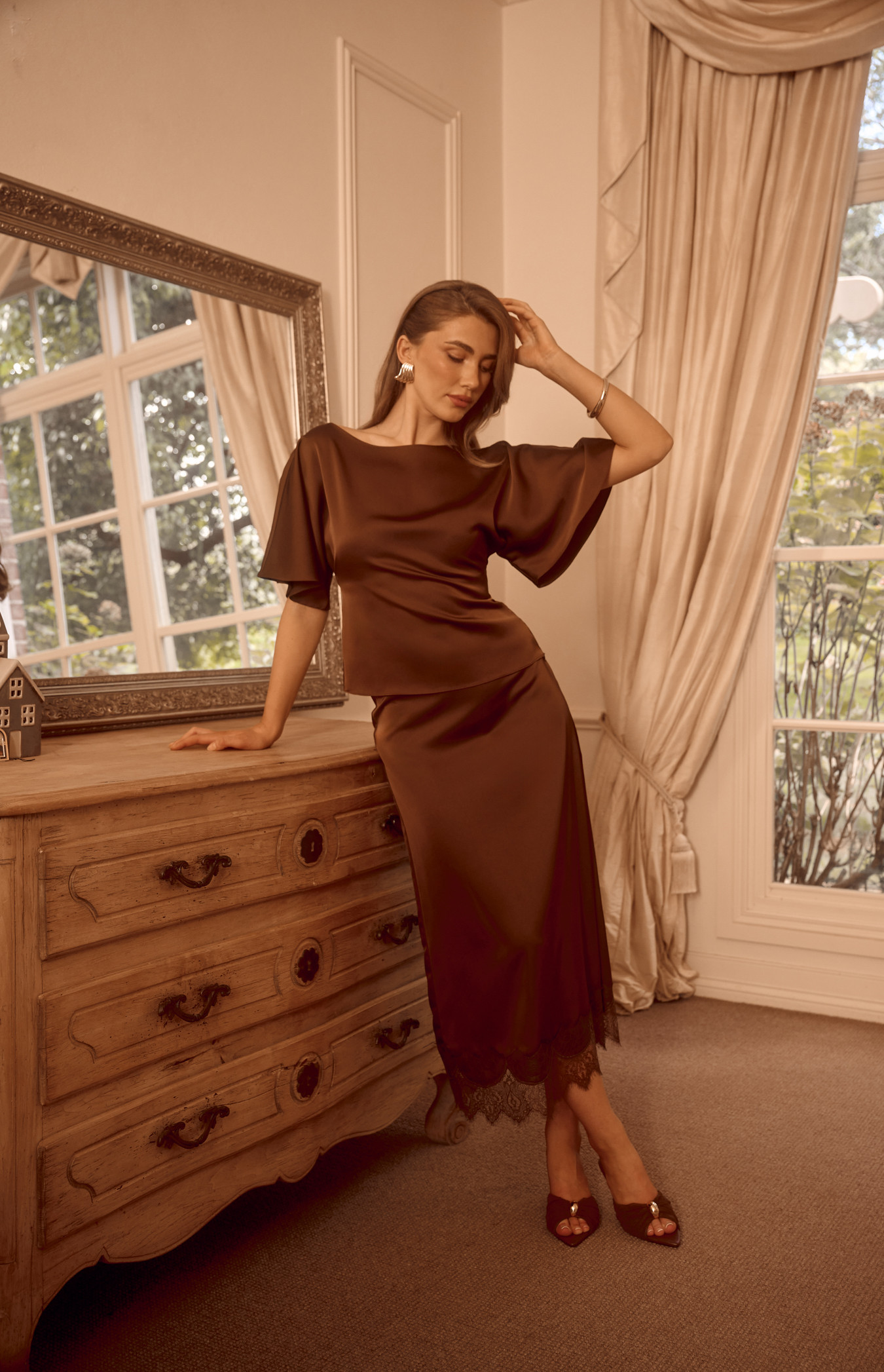 Cape Sleeve Satin Top with Cinch Waist Tie (WTO834B)