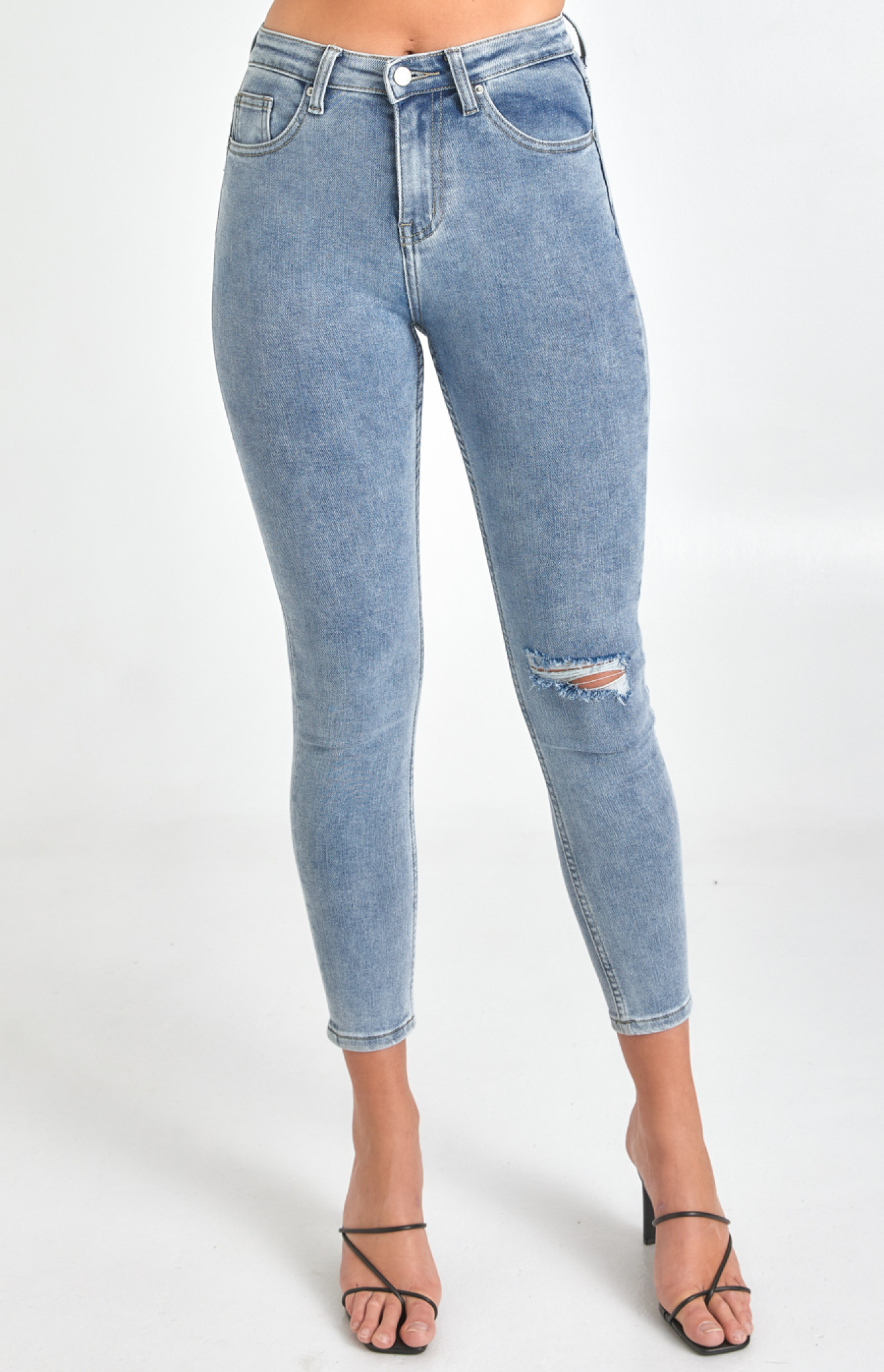 High Waisted Skinny Jeans with Knee Rip (SDM109)