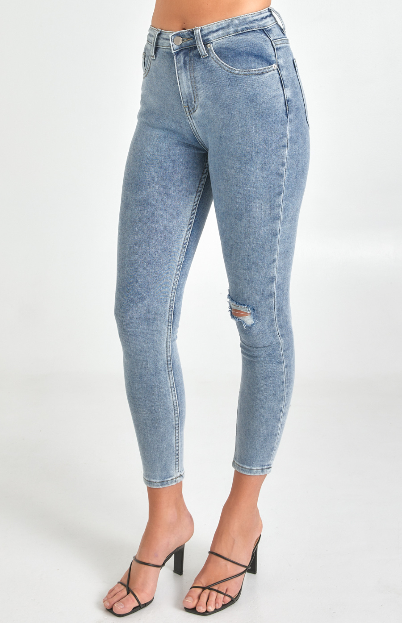 High Waisted Skinny Jeans with Knee Rip (SDM109)