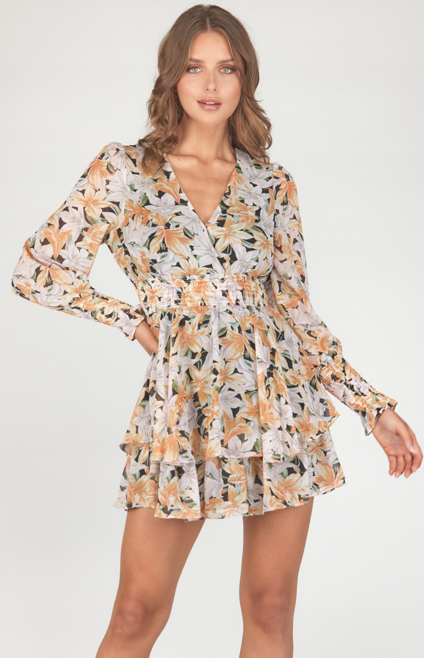 Floral Chiffon Dress with Shirred Waist and Cuff Details (SDR1037-2B)