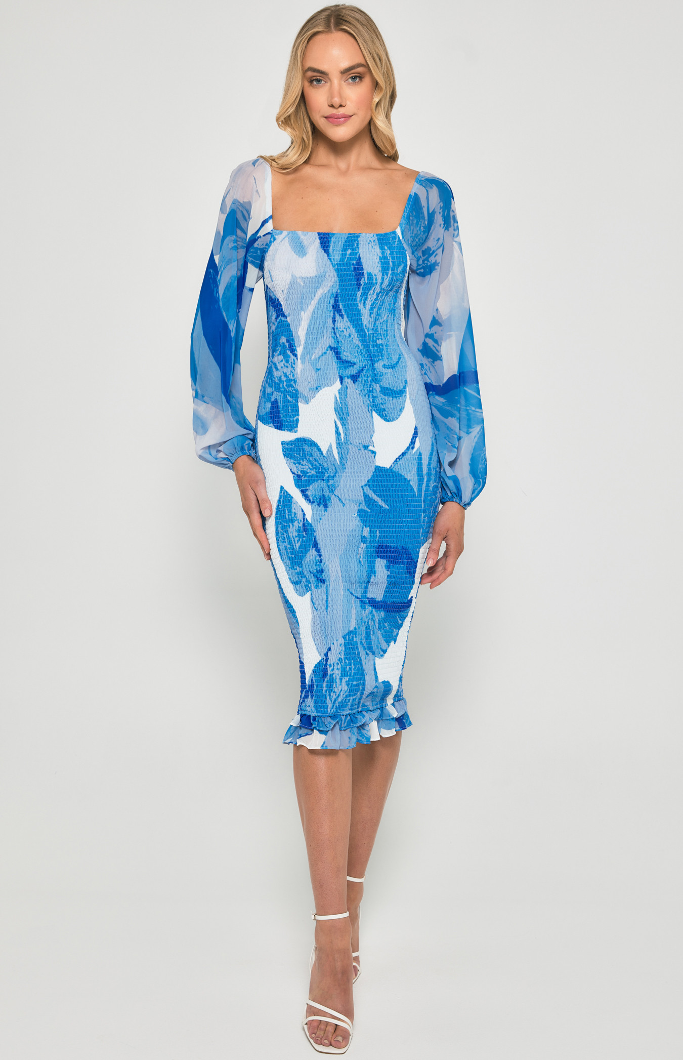 Abstract Print Shirred Midi Dress (SDR1186-2B)