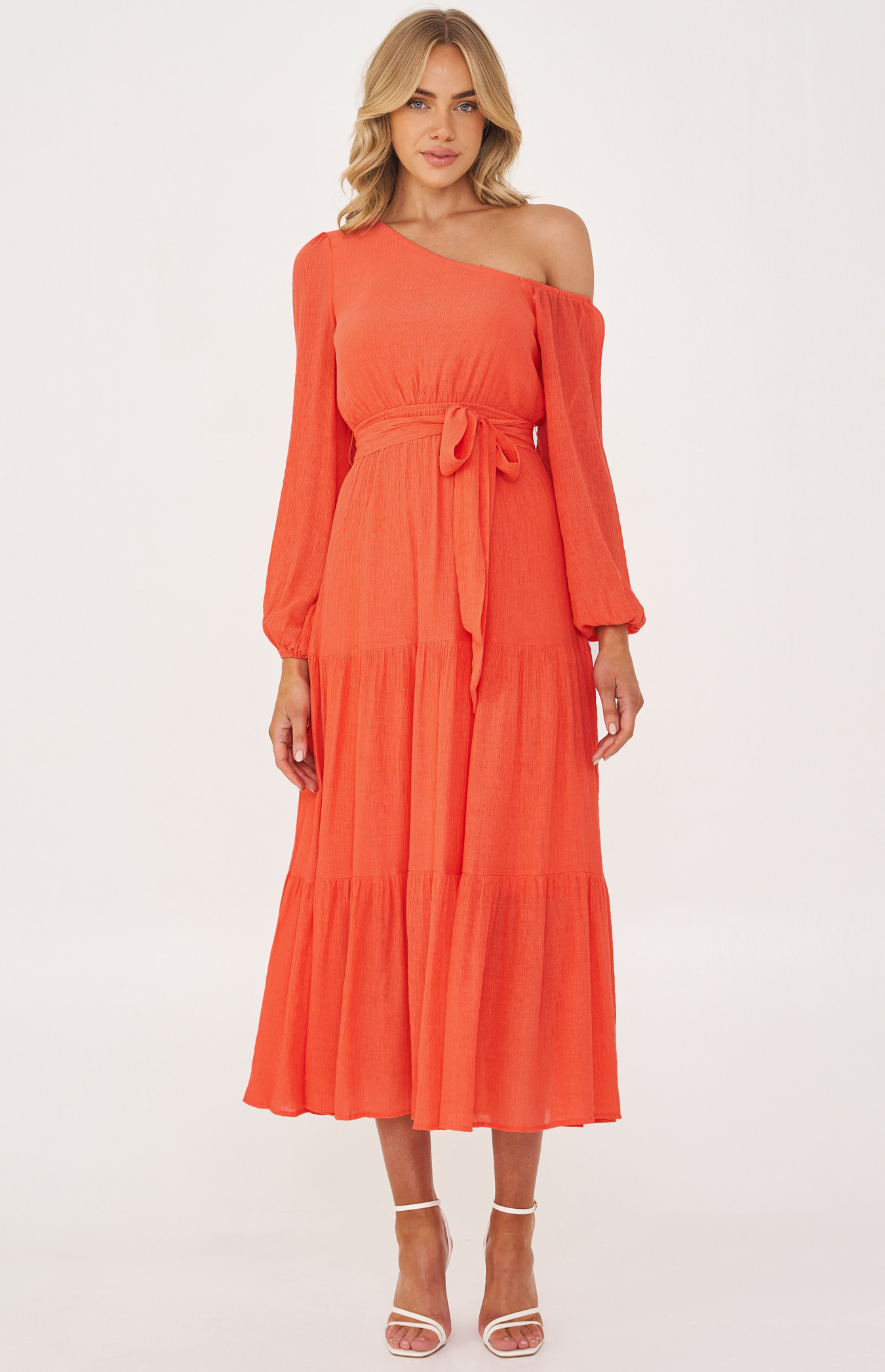 One Shoulder Textured Maxi Dress with Tiered Hem (SDR1196A)