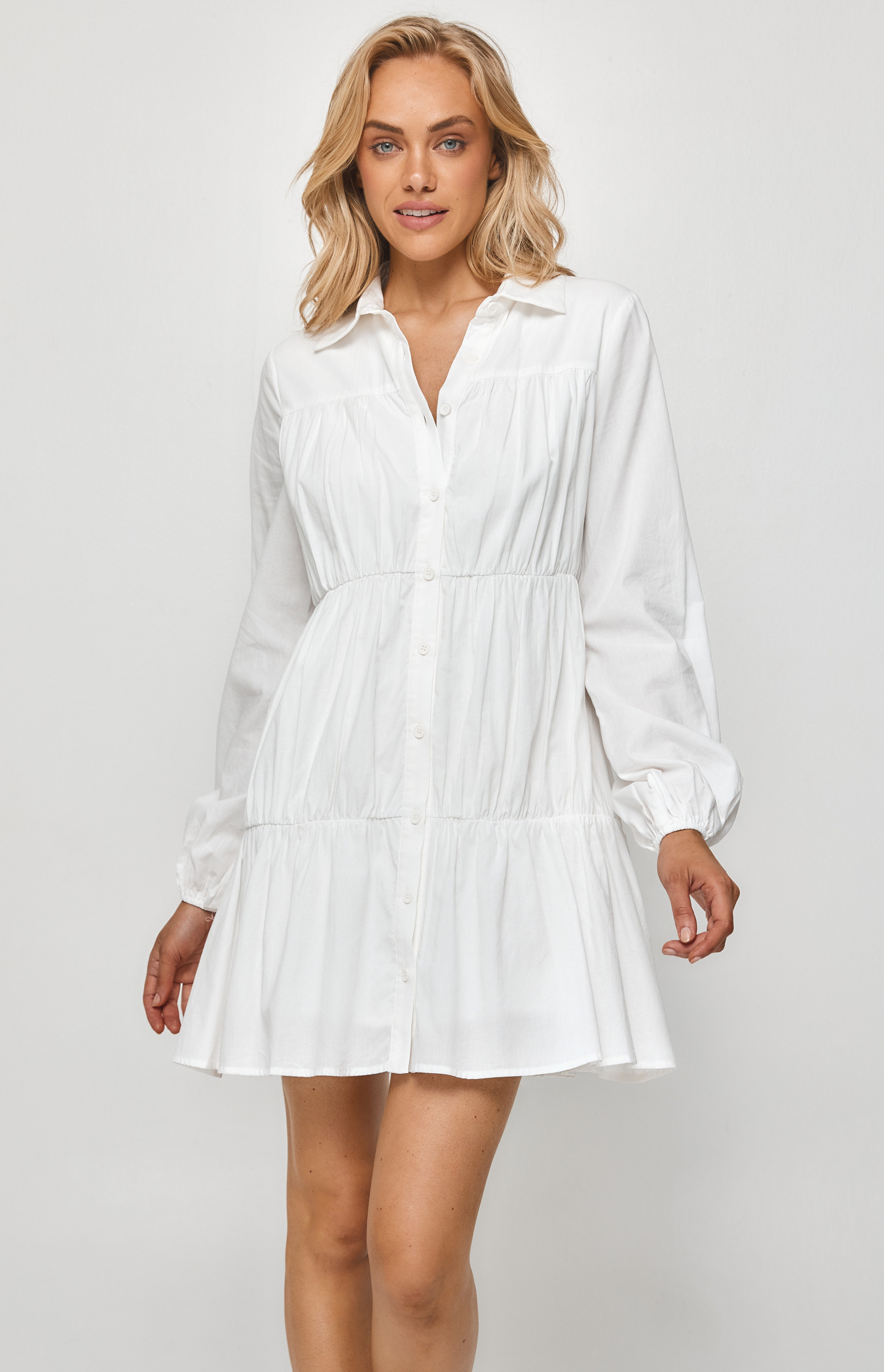 Buttoned Shirt Dress with Tiered Gathering Details (SDR1207B) | Style State