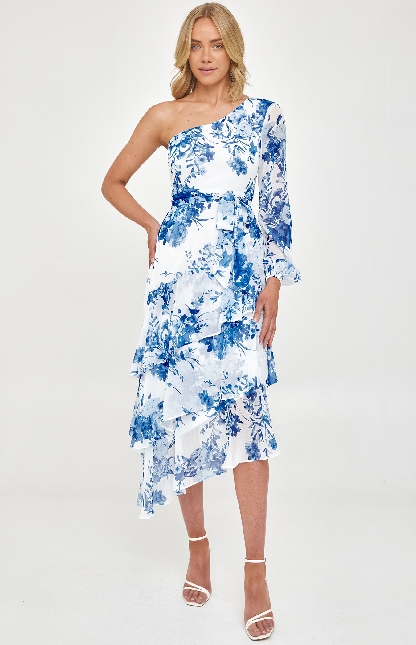 Floral Chiffon Single Sleeve Midi Dress with Tiered Hem (SDR1216A) 