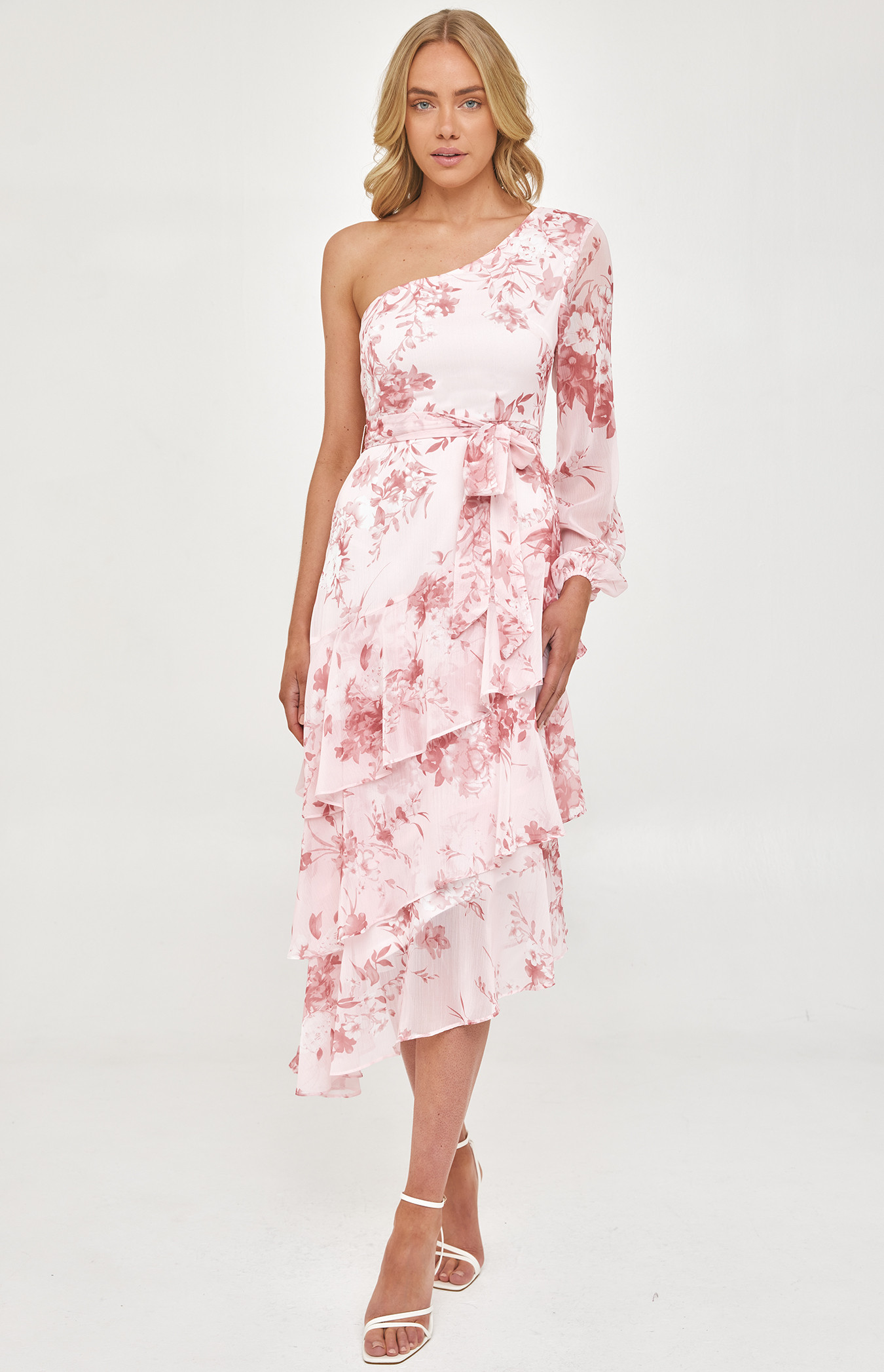 Floral Chiffon Single Sleeve Midi Dress with Tiered Hem (SDR1216A) 