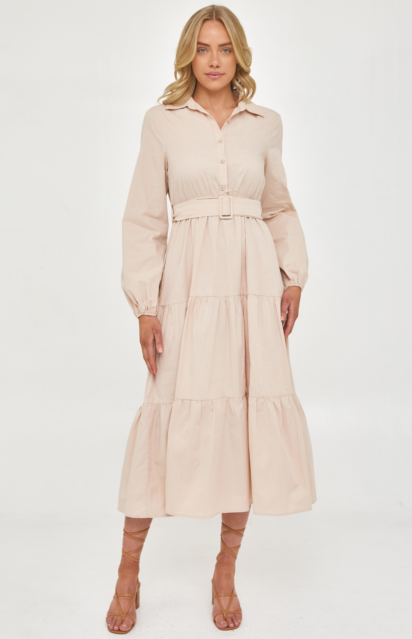 Maxi Shirt Dress with Buckle Belt and Tiered Hem (SDR1226A) 