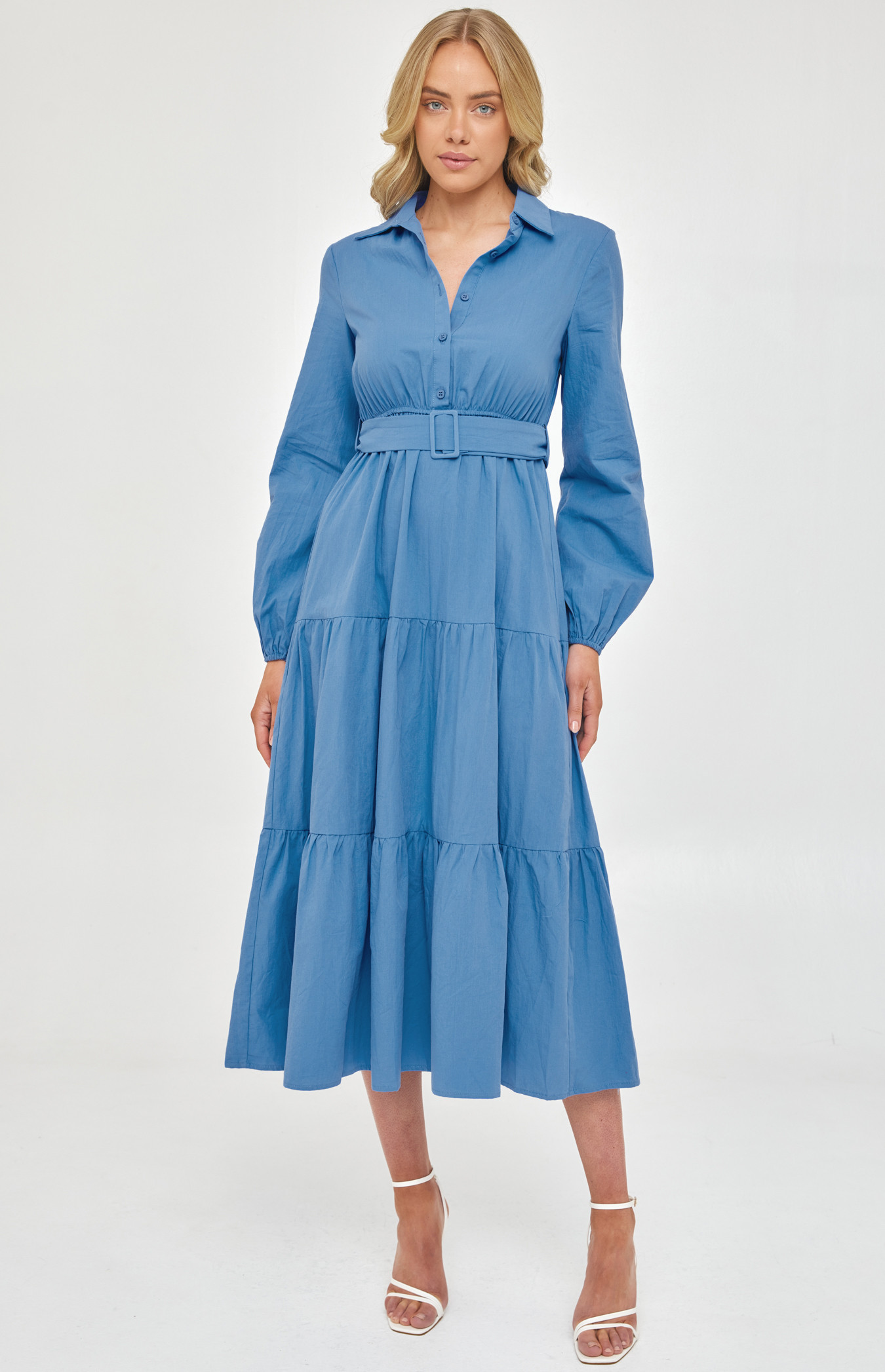 Maxi Shirt Dress with Buckle Belt and Tiered Hem (SDR1226A) 