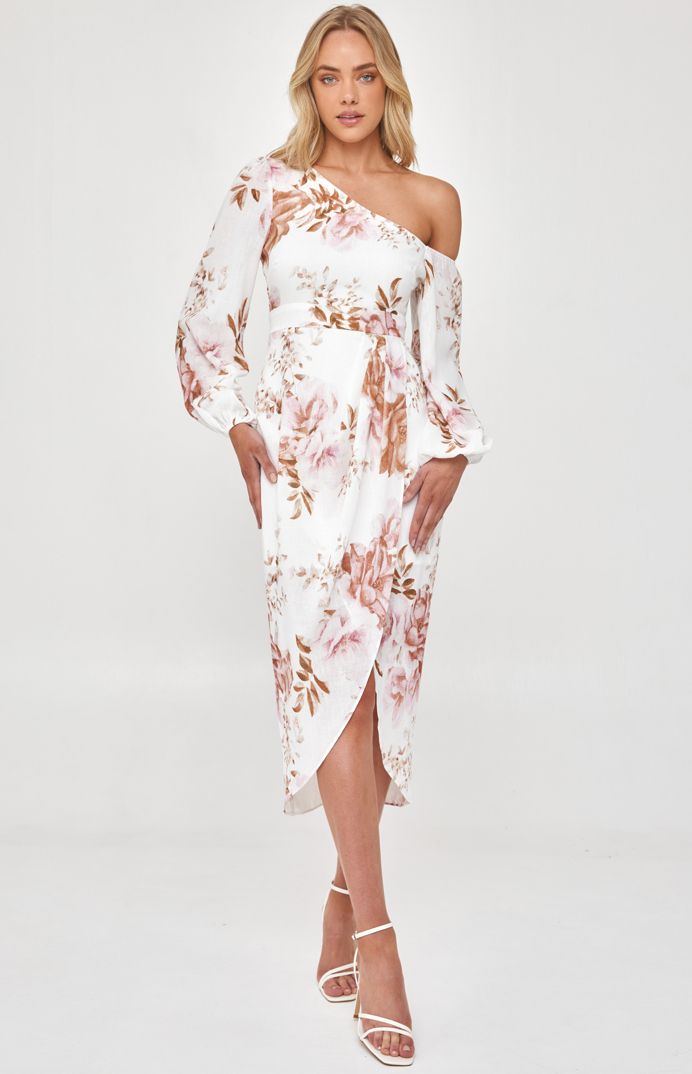 Flower Asymmetrical Neckline Long Sleeve Dress
