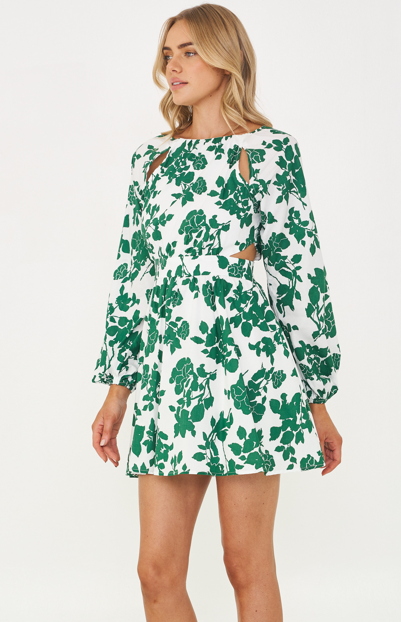Printed Mini Dress with Waist Cut Out 