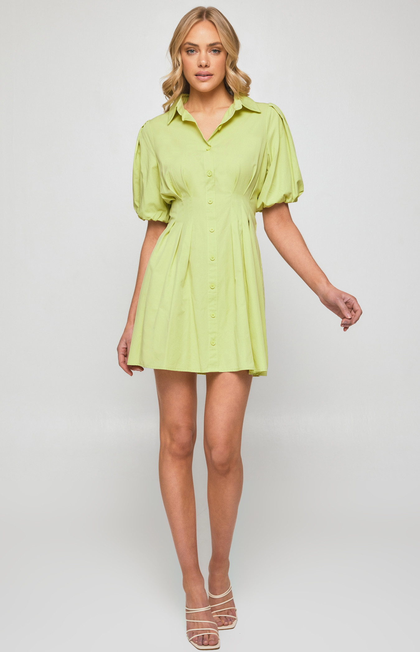 Bubble Sleeve Shirt Dress with Pleated Front Details (SDR1251A) 