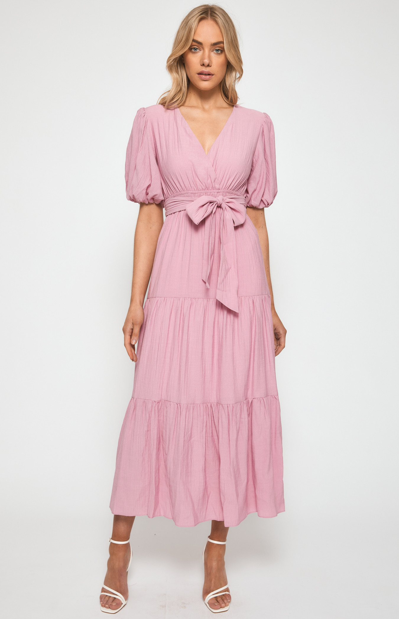 Textured Bubble Sleeve Maxi Dress with Tiered Hem (SDR1253A) 