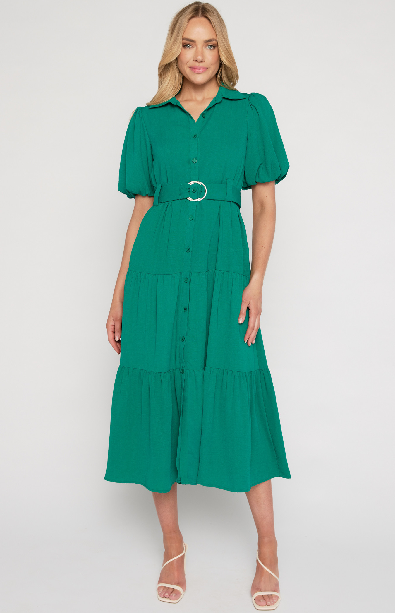 Midi Shirt Dress with Metal Ring Belt and Tiered Skirt (SDR1256A ...