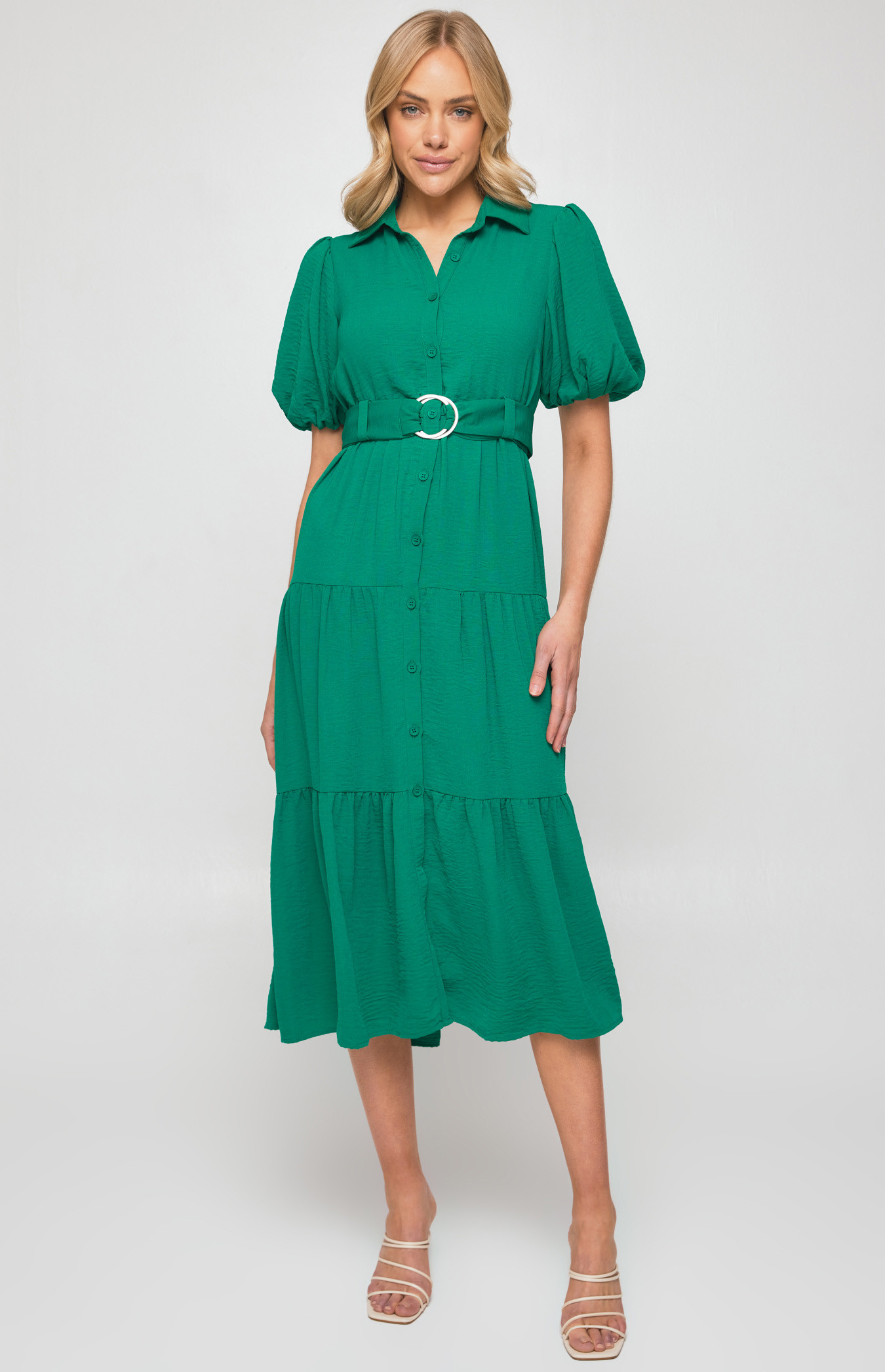 Midi Shirt Dress with Metal Ring Belt and Tiered Skirt (SDR1256A) 