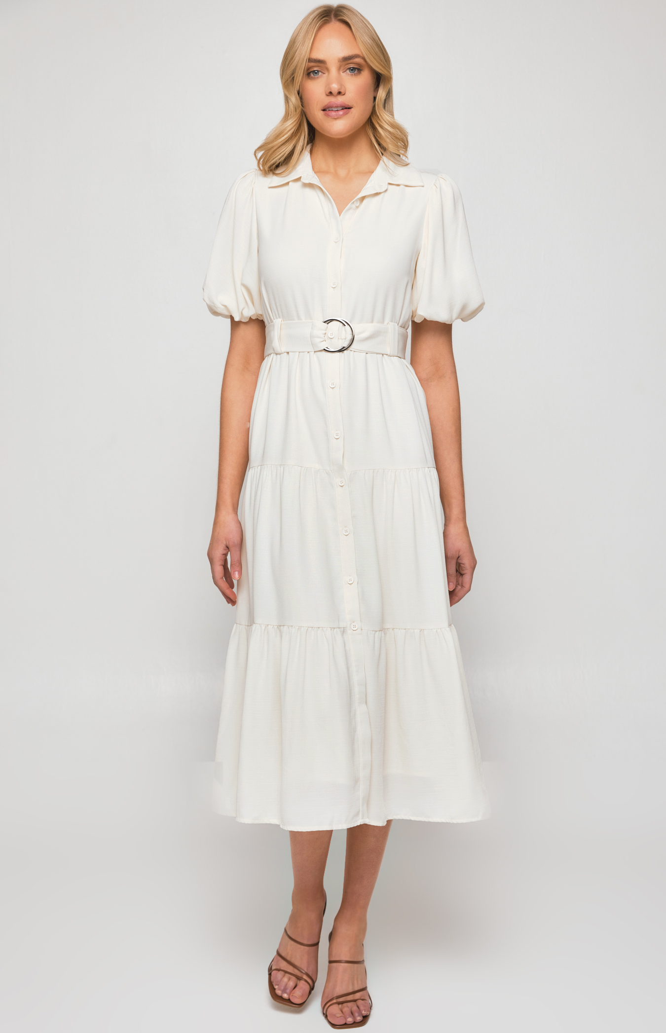 Midi Shirt Dress with Metal Ring Belt and Tiered Skirt (SDR1256A) 