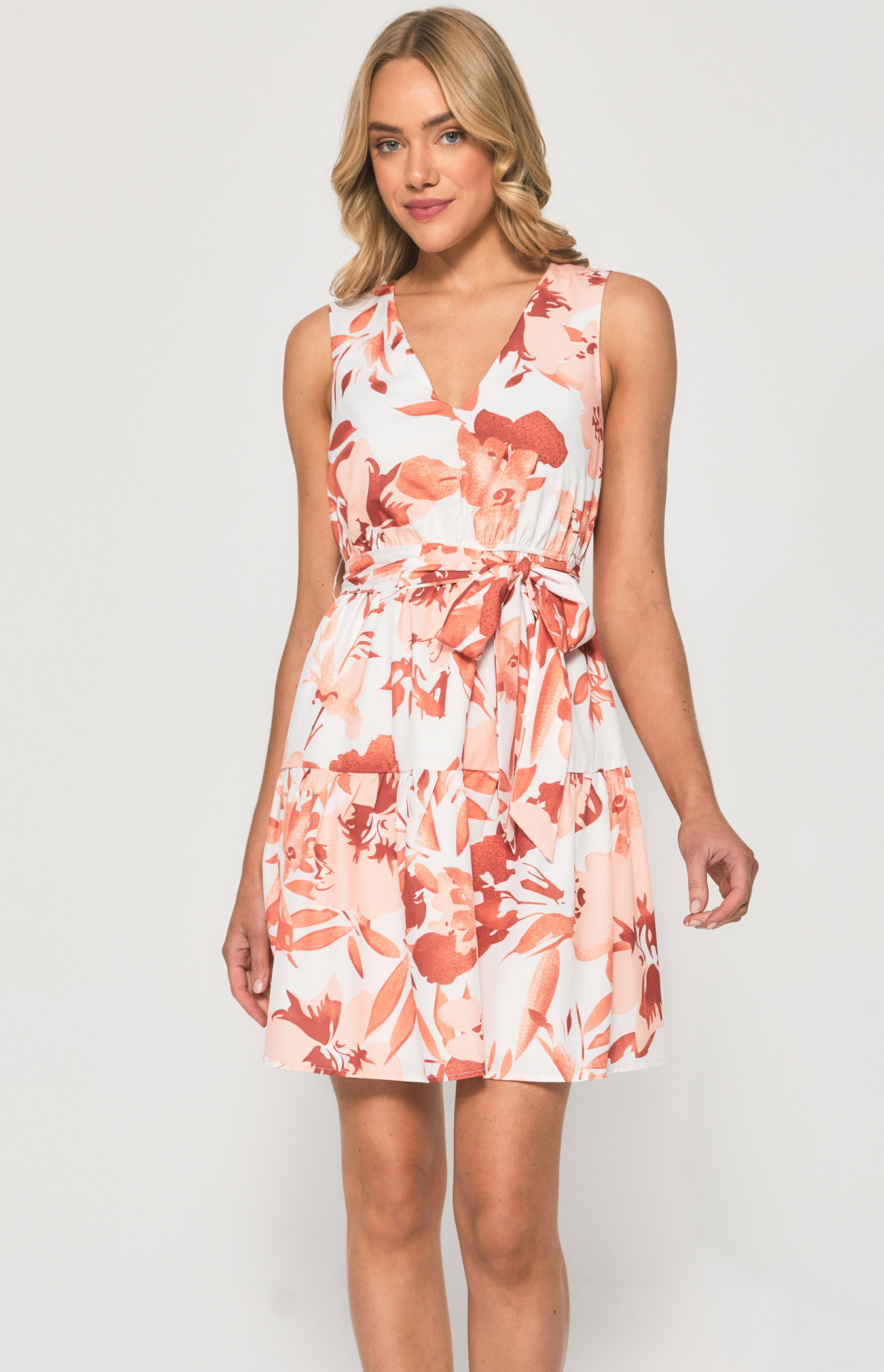 V-Neck Long Dress Abstract Print Women in Belted Waist, Button-Down Front