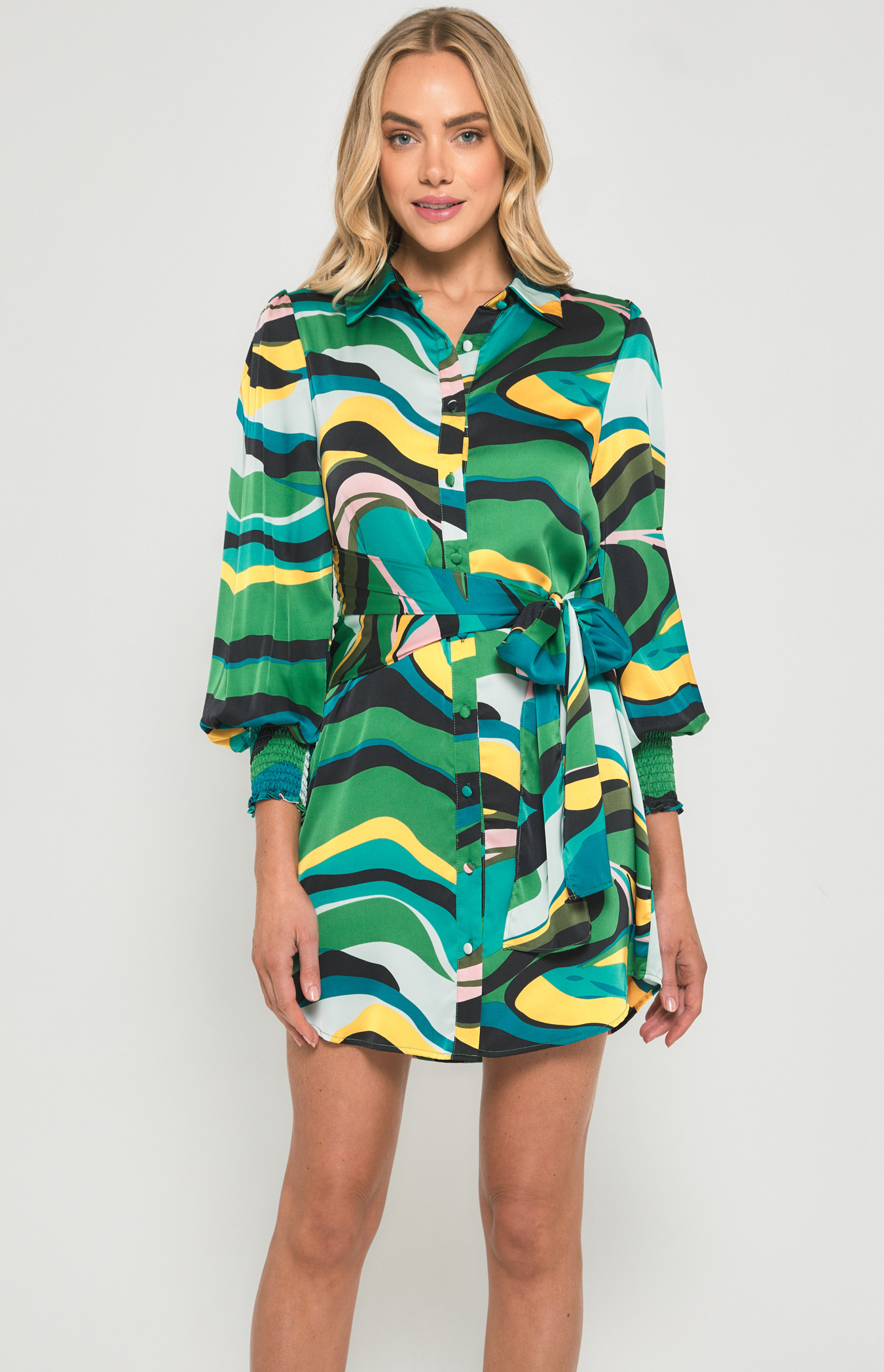 Abstract Print Satin Shirt Dress with Tie Detail (SDR1378B) Style State
