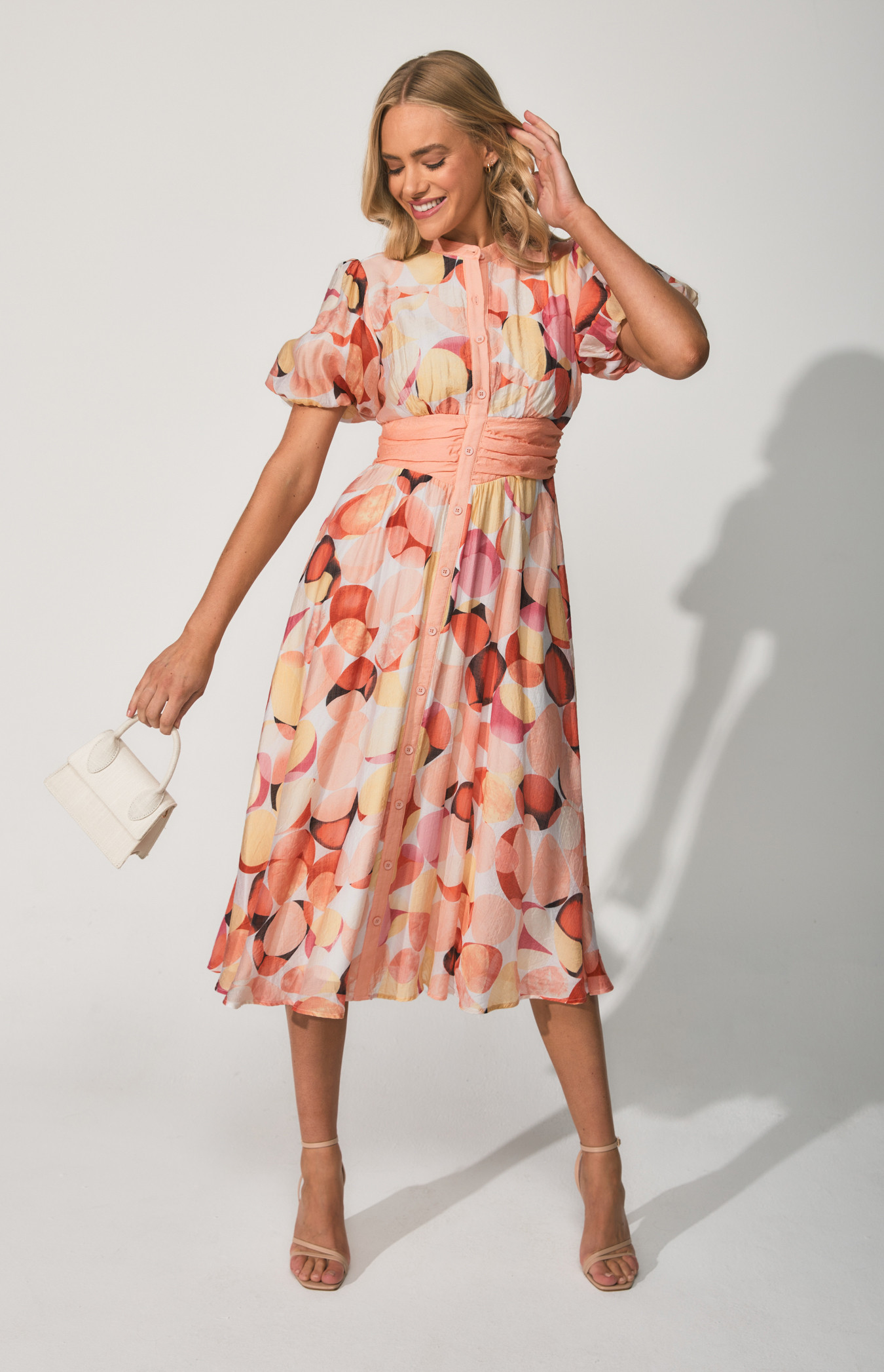 Long sleeve contrast abstract print slit midi dress main image 1