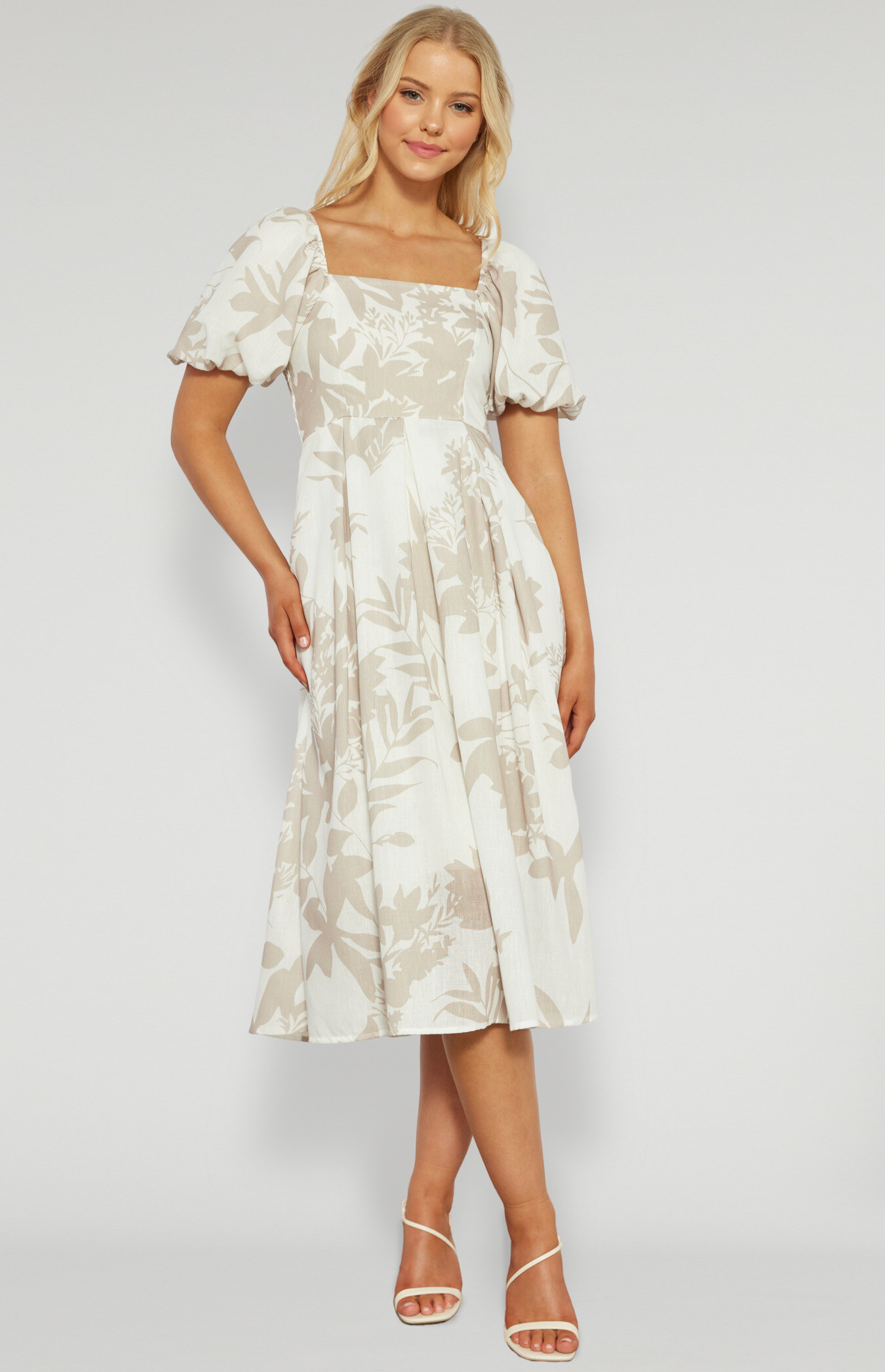 Faux Linen Tropic Print Pleated Midi Dress (SDR1476A)