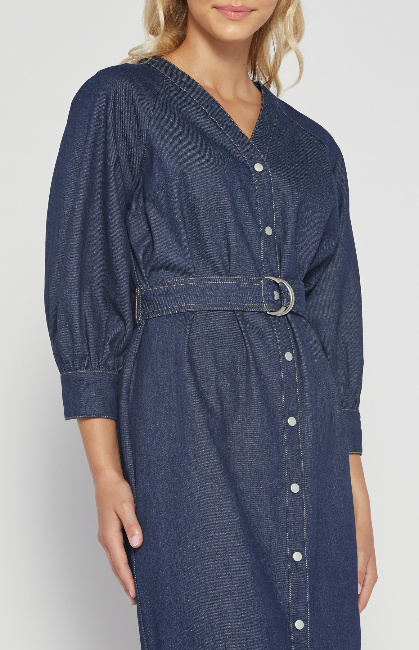 Chambray Button Up Midi Dress with Circle Belt Buckle (SDR1519B)