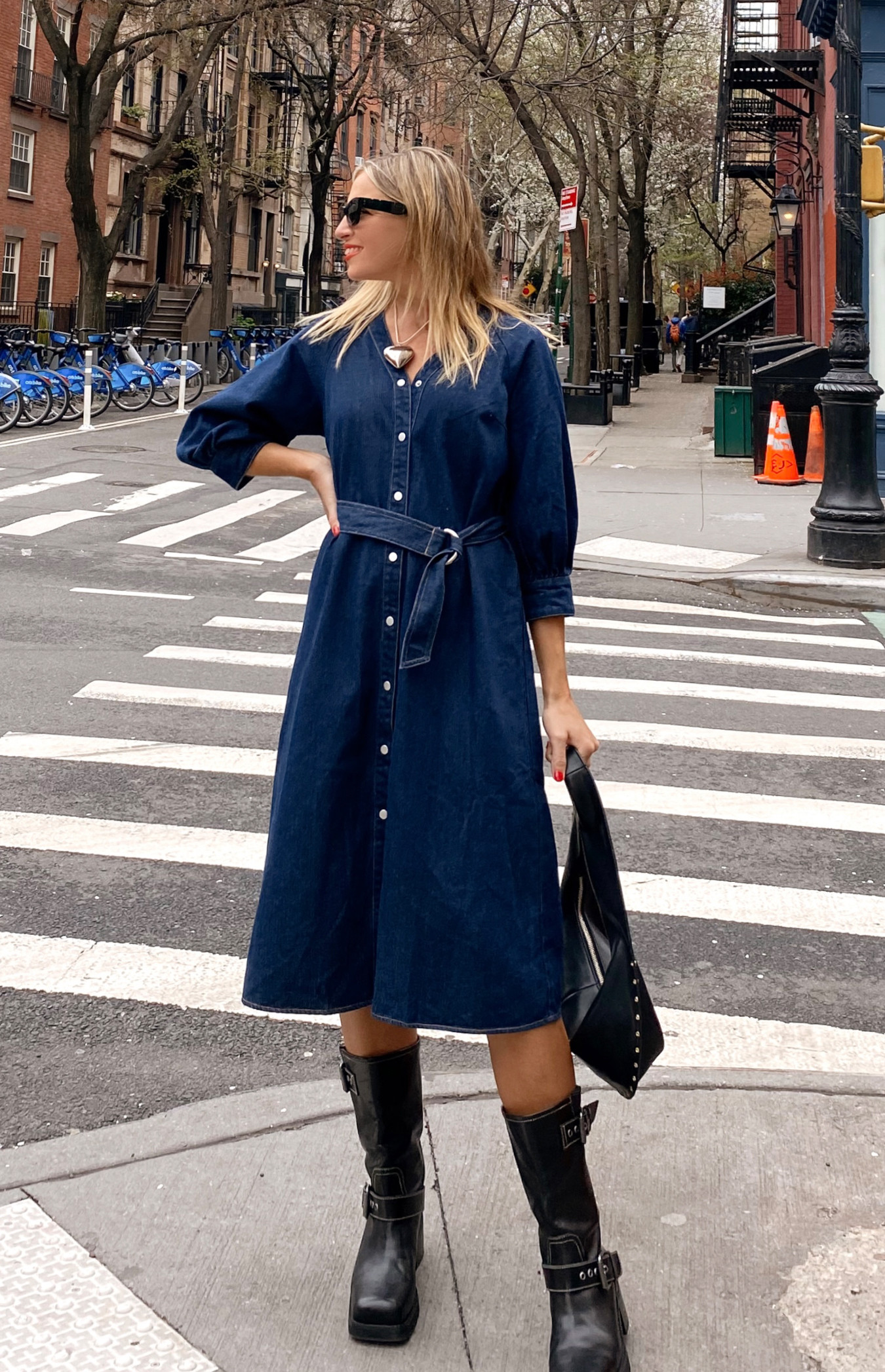 Chambray Button Up Midi Dress with Circle Belt Buckle (SDR1519B)