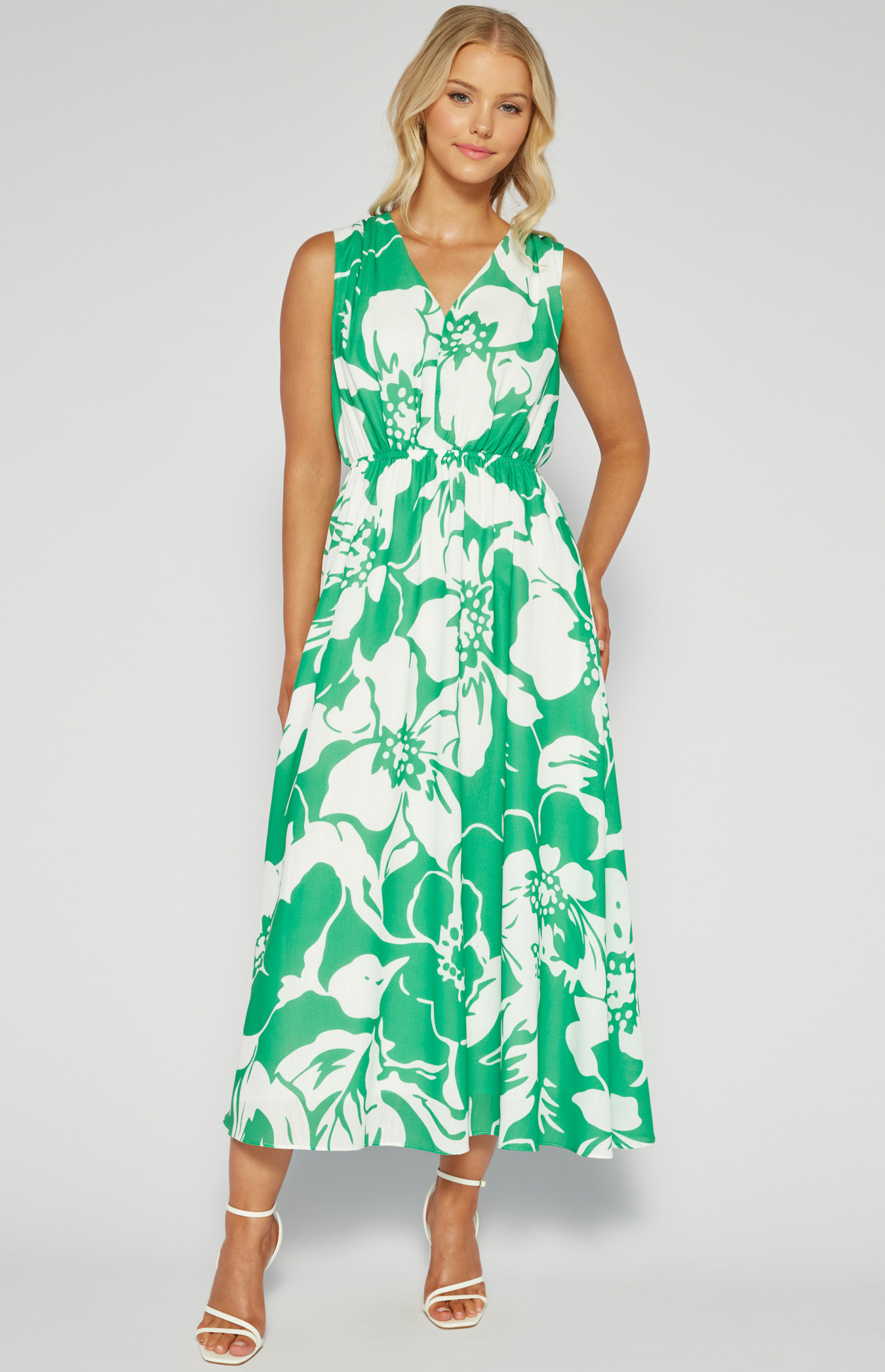 Faux Linen Printed Maxi Dress with Elastic Waist (SDR1538B)