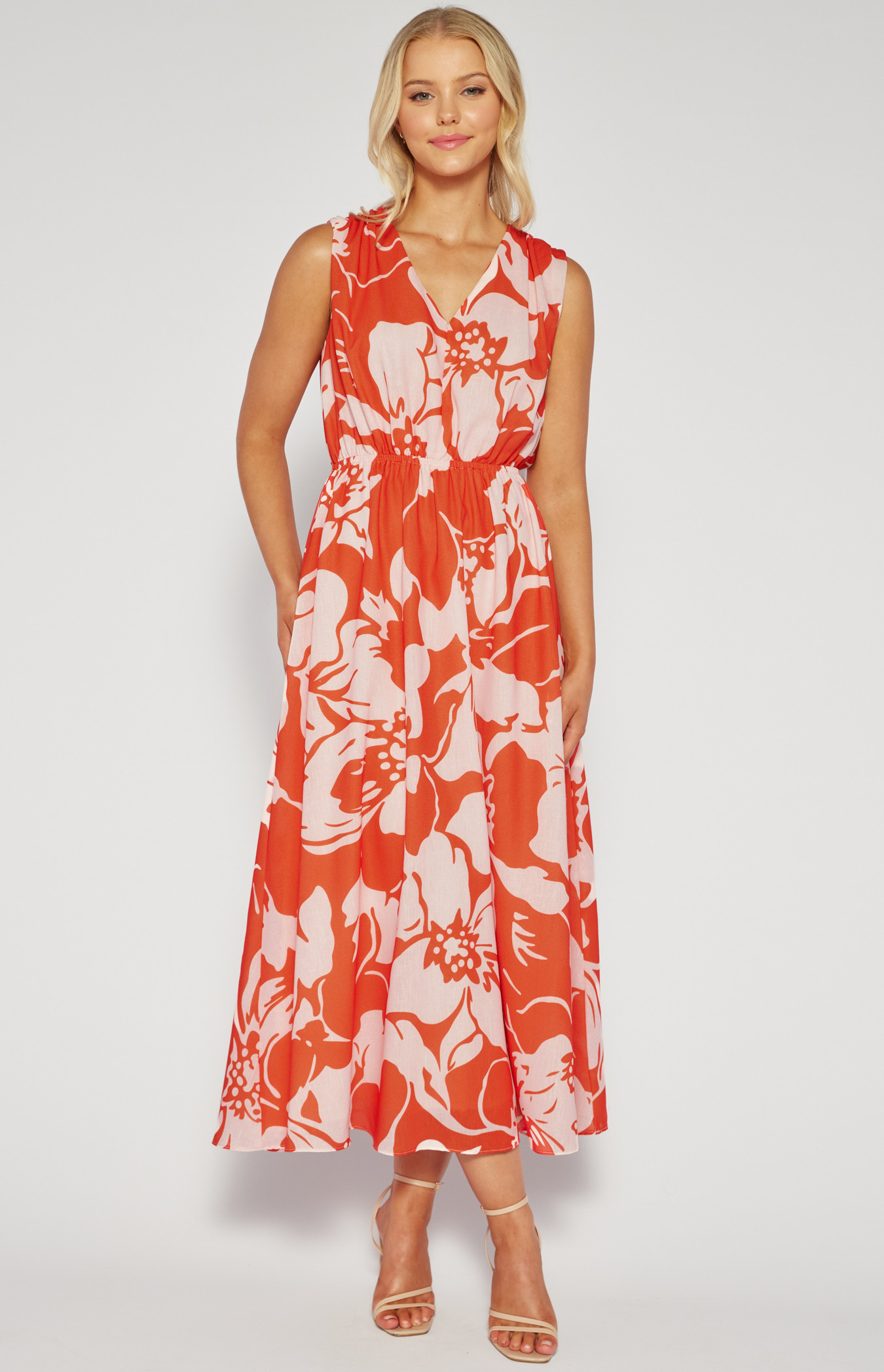 Faux Linen Printed Maxi Dress with Elastic Waist (SDR1538B)