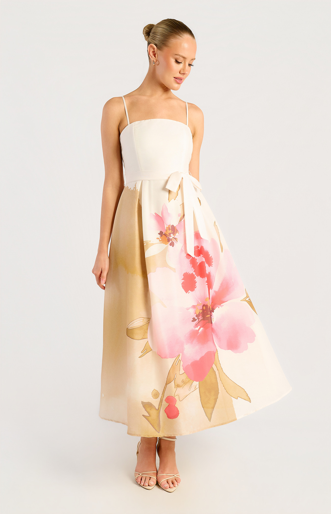 Strapless Placement Print Floral A-Line Midi Dress (SDR1691-3B)