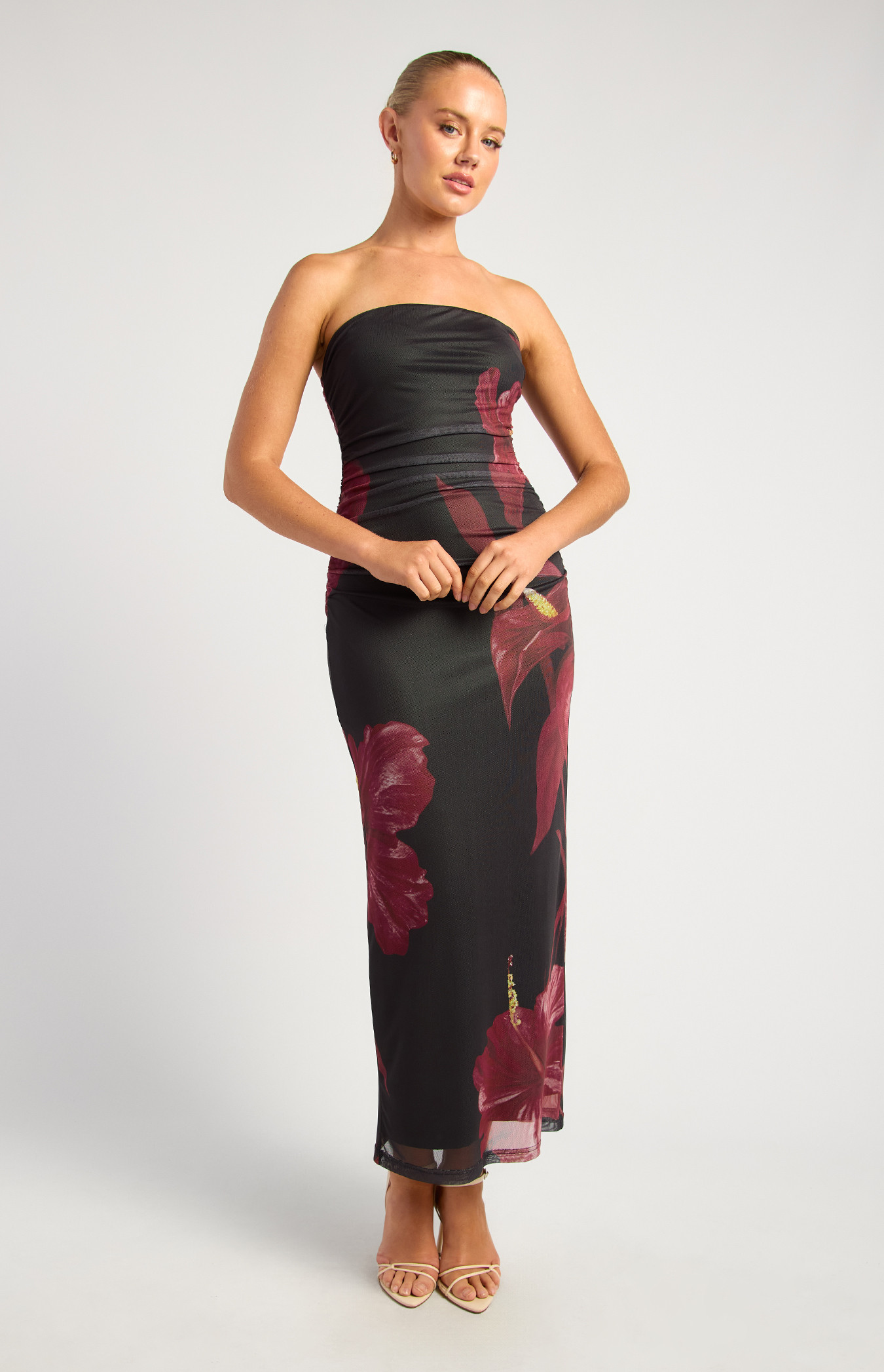 Contrast Floral Print Strapless Mesh Midi Dress (SDR1734-3A)