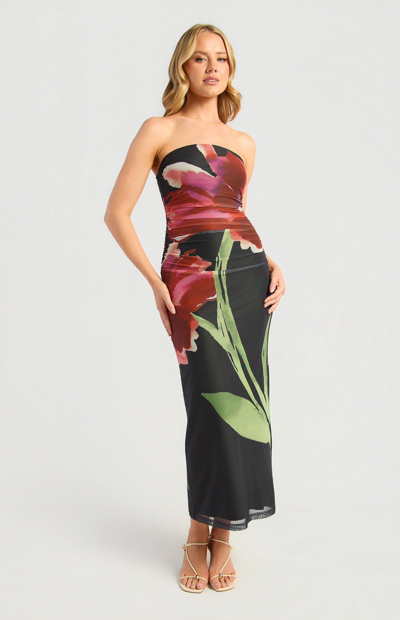 Contrast Floral Print Strapless Mesh Midi Dress (SDR1734-4A)