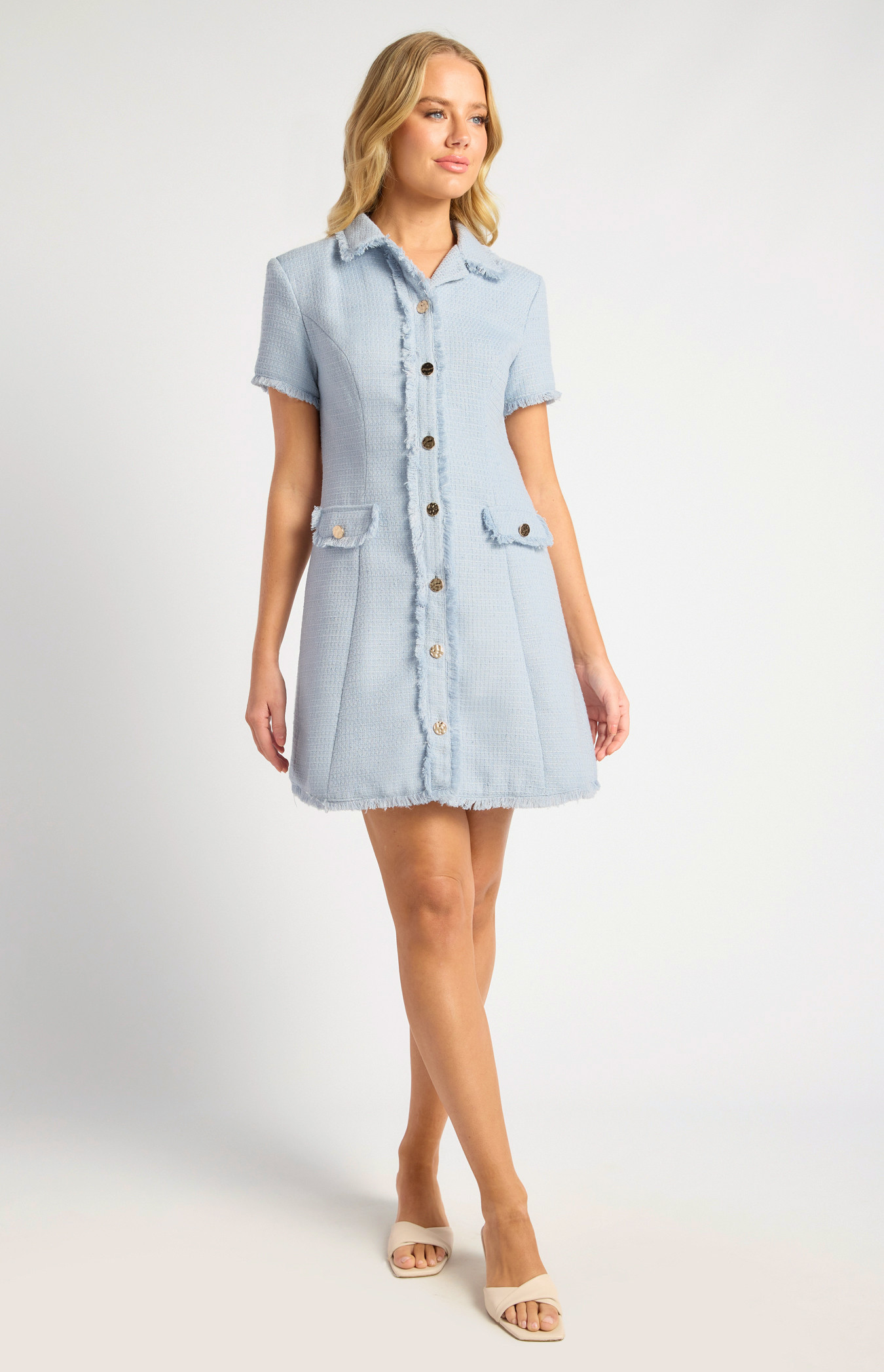 Gold Button Feature Fray Detail Collared Tweed Dress (SDR1755A)