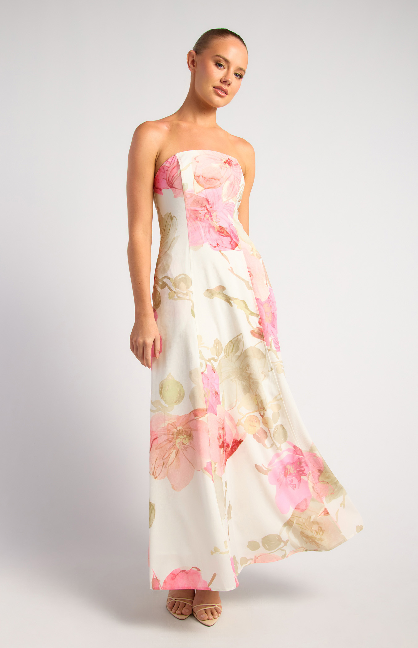 Wildflower Floral Print Strapless Panel Detailing Maxi Dress  (SDR1769-3A)