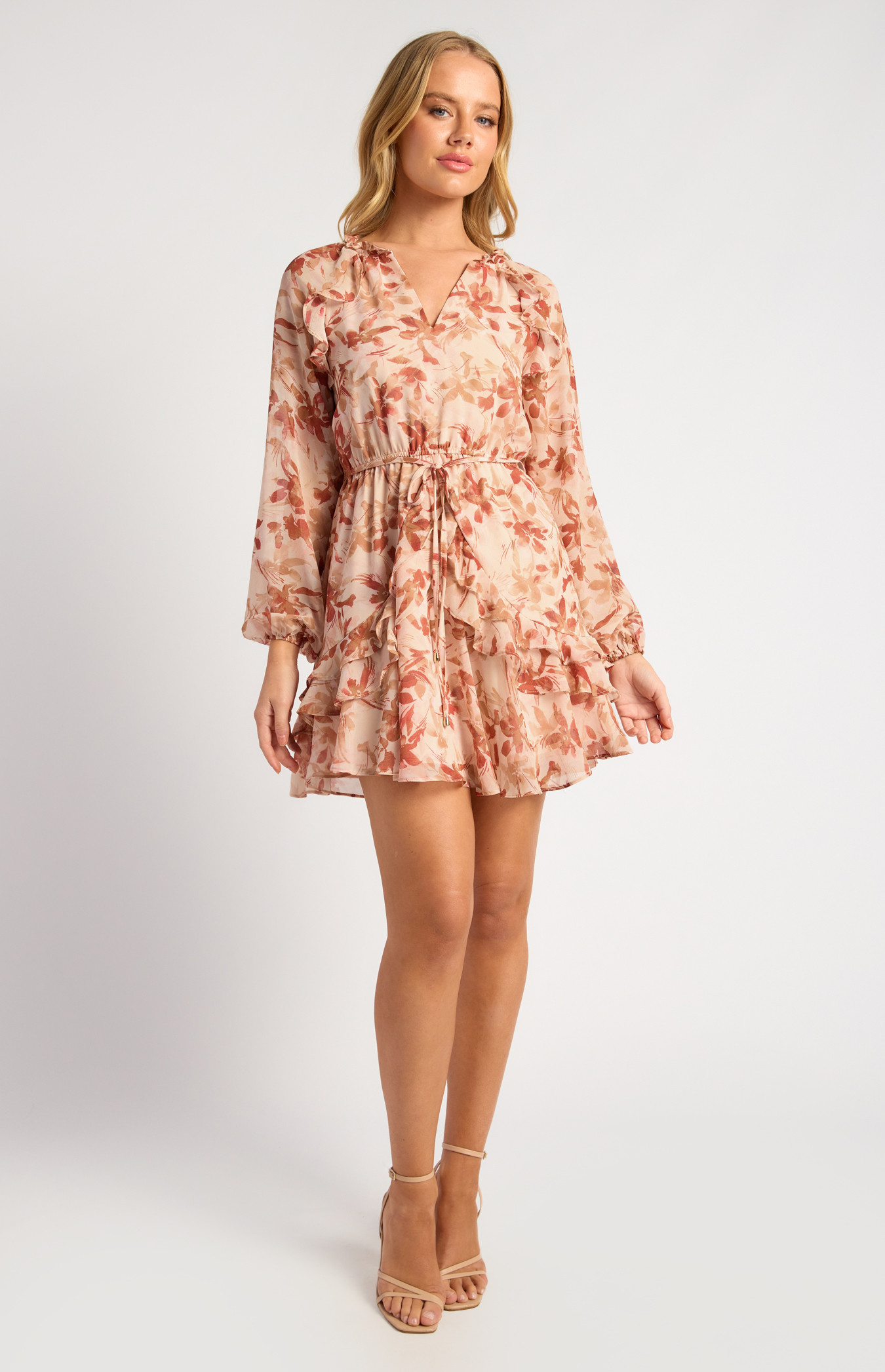 Floral Print Chiffon Dress With Elastic Waist And Ruffle Details (SDR1776A)