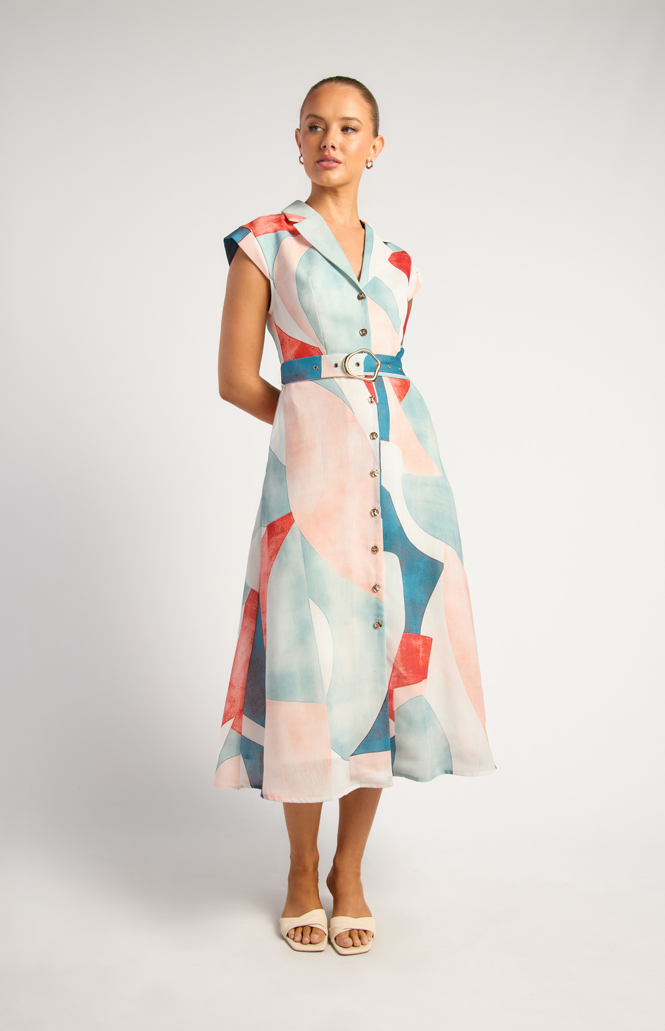 Faux Linen Cap Sleeve Abstract Print Shirt Dress With Gold Buckle (SDR1790-2A)