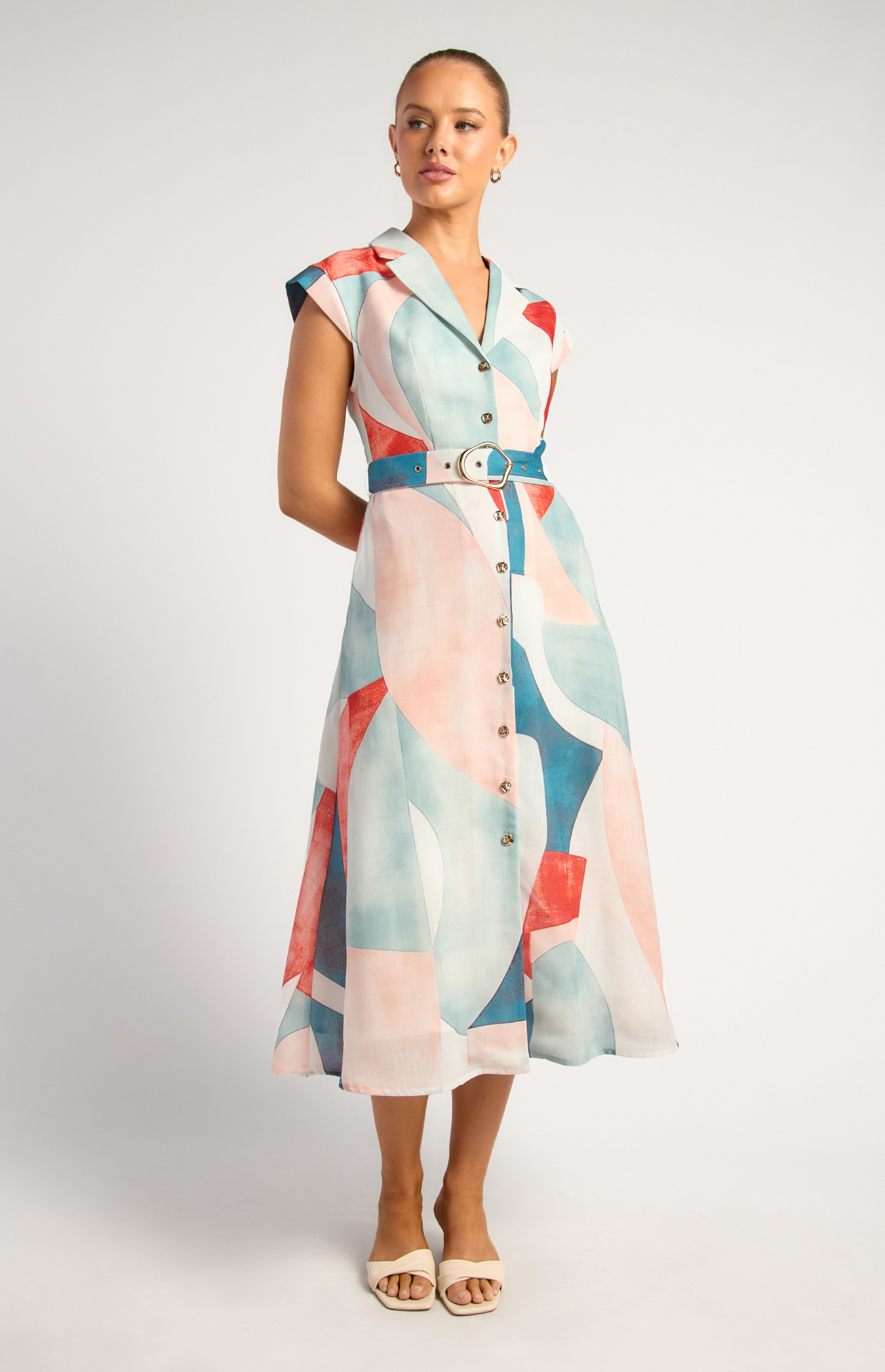 Faux Linen Cap Sleeve Abstract Print Shirt Dress With Gold Buckle (SDR1790-2A)