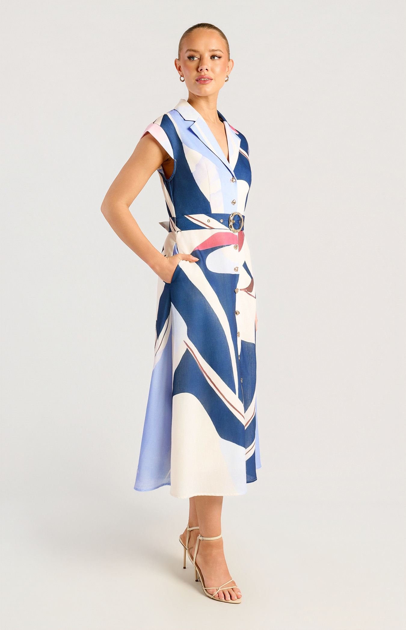 Faux Linen Cap Sleeve Abstract Print Shirt Dress With Gold Buckle (SDR1790-3A)