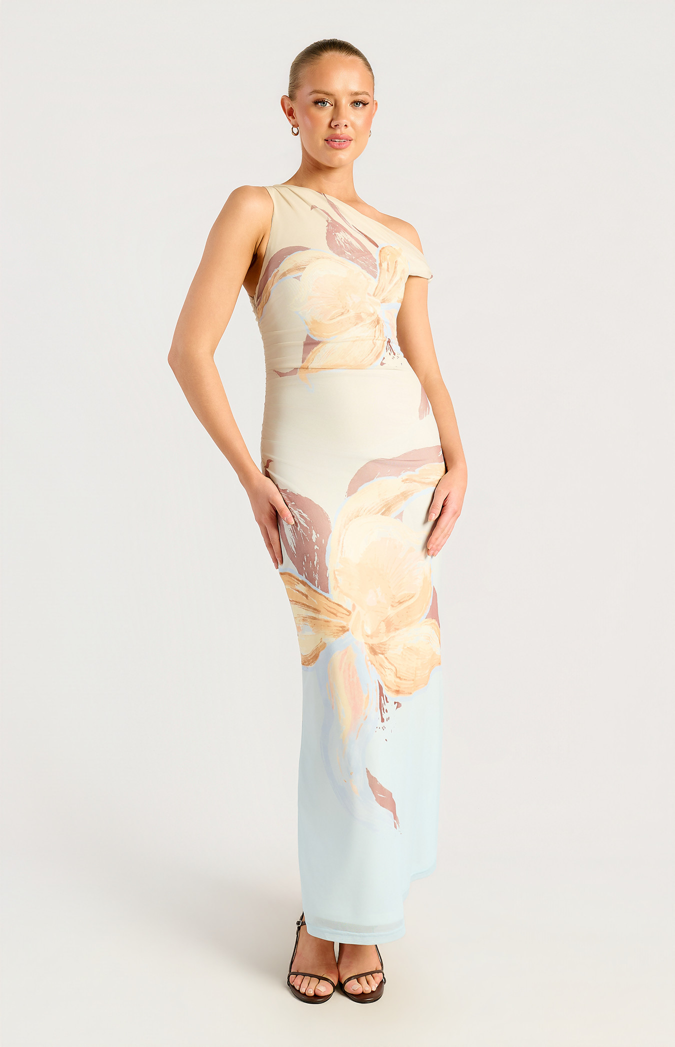 Floral Print Asymmetric Neckline Mesh Dress (SDR1795-4A)